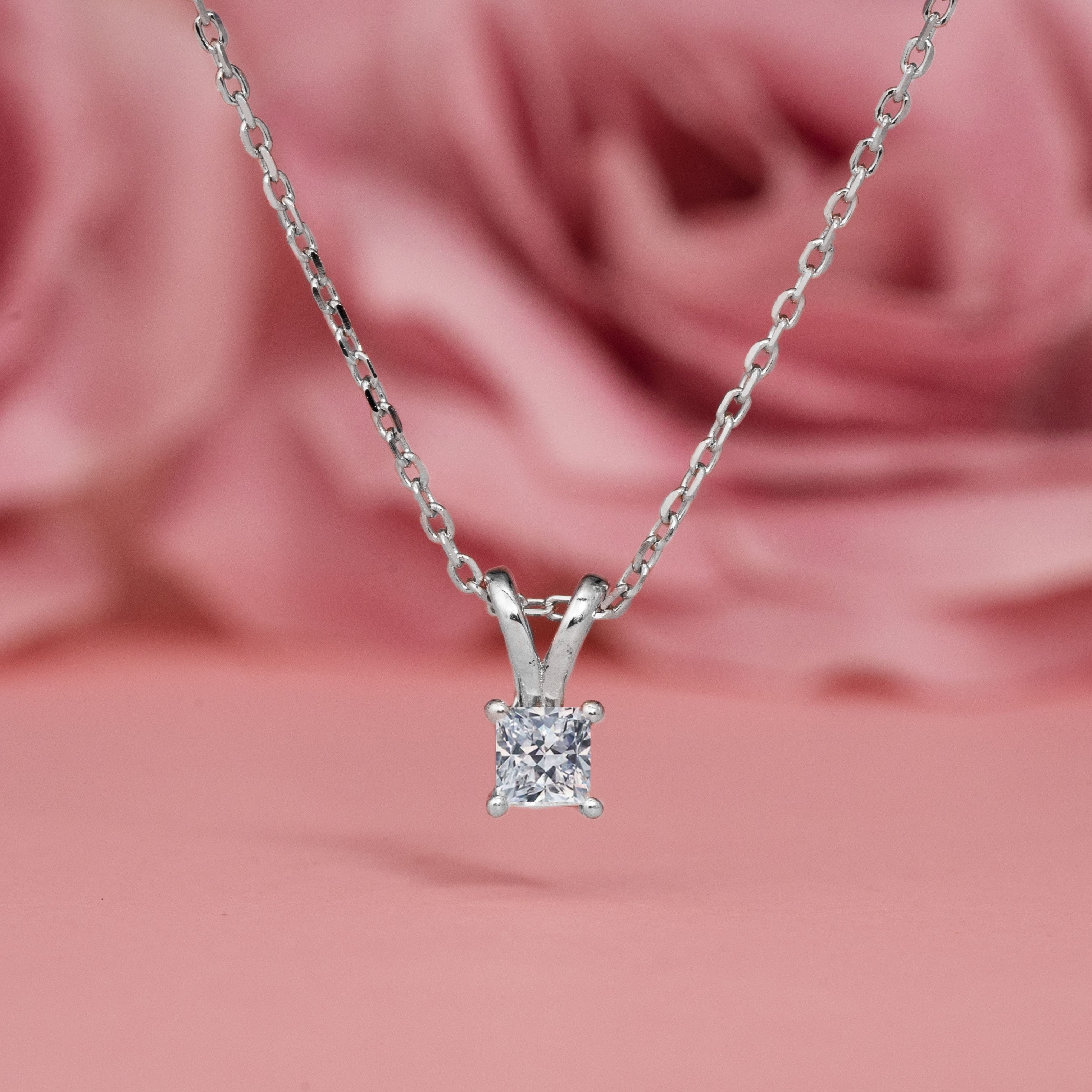 Beautiful 0.25 Carat Princess Cut Diamond Pendant Necklace In 18K White Gold Plating Over Silver