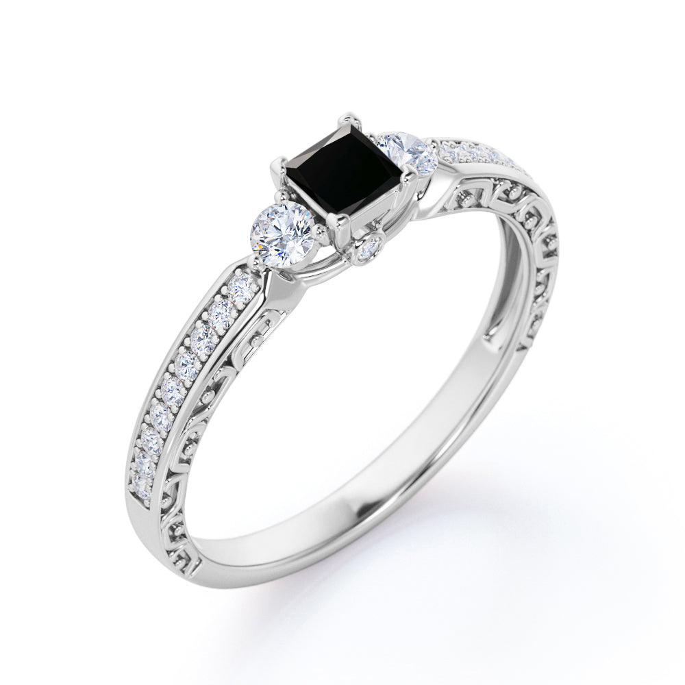 1.35 Carat Princess Cut Lab Grown Black Diamond 3 Stone Vintage Engagement Ring In White Gold