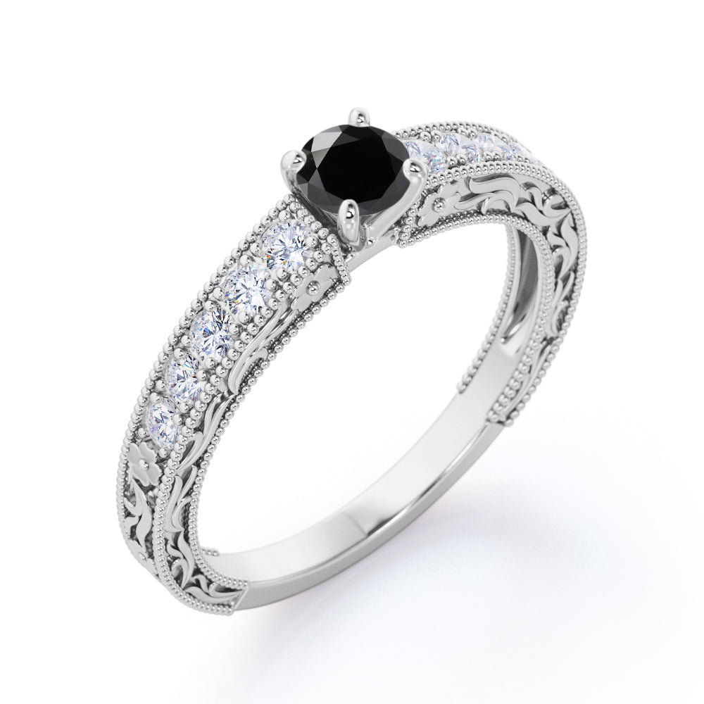 0.6 Carat Round Cut Lab Grown Black Diamond Antique Engagement Ring In White Gold