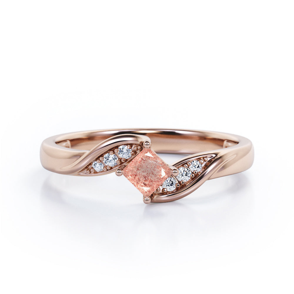 Twisted 7 Stone Ring - 0.55 carat Princess Strawberry Quartz and diamond Elegant Engagement Ring in Rose Gold