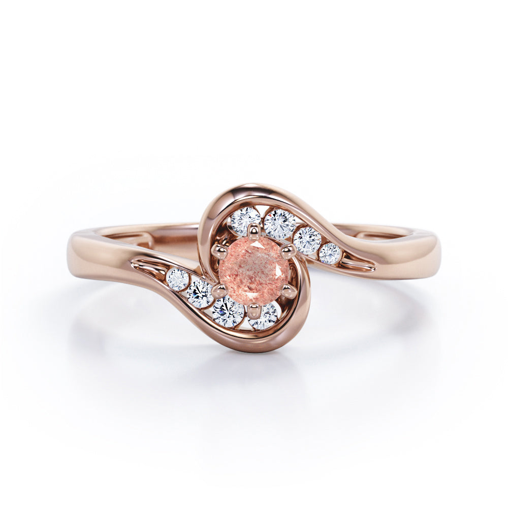 Whirly Gemstone 0.55 carat Round Strawberry Quartz and diamond Artistic Engagement Ring in Rose Gold