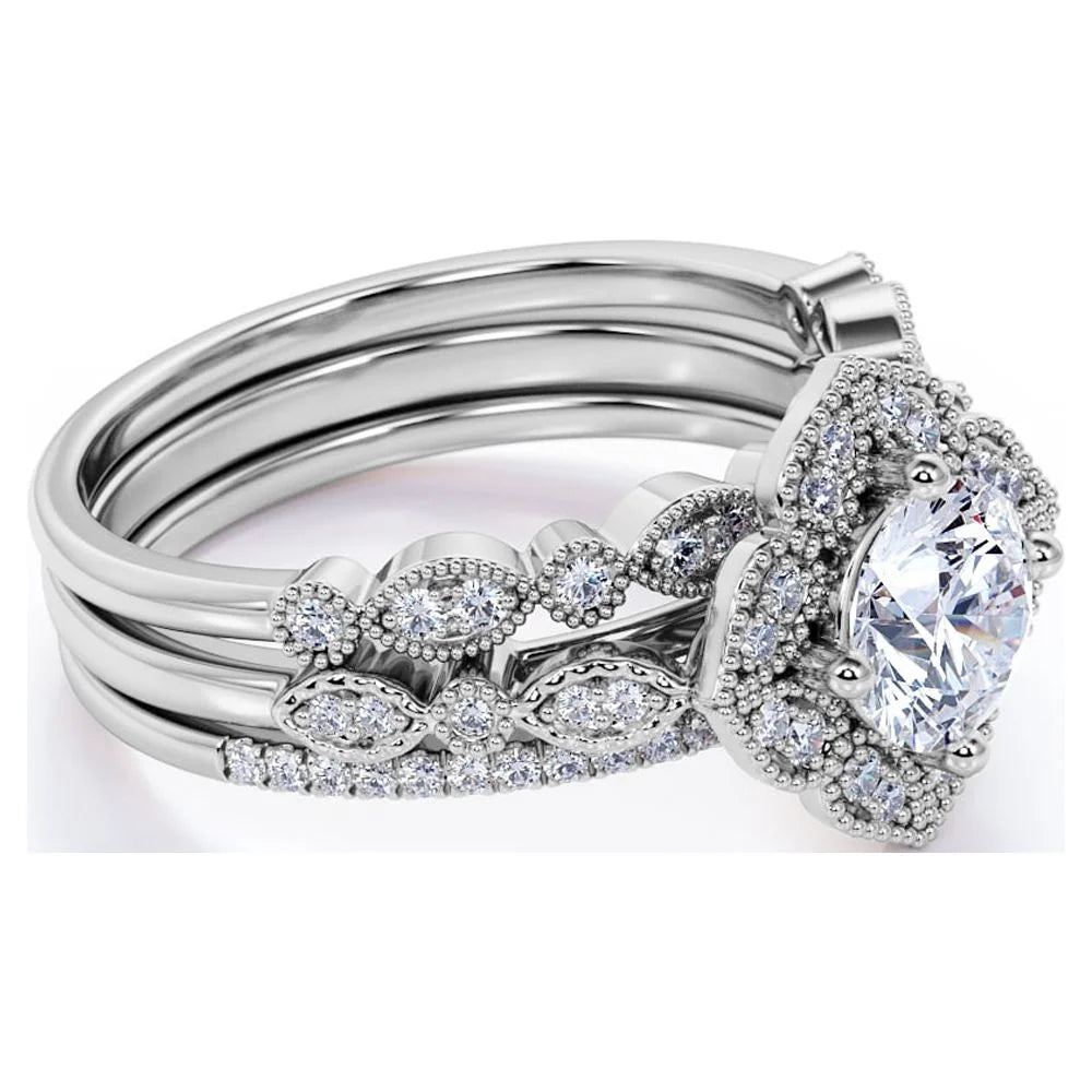 Unique 1.75 Carat Real Moissanite Wedding Trio Ring Set with Engagement Ring and 2 Wedding Bands in 18k Gold Over Silver