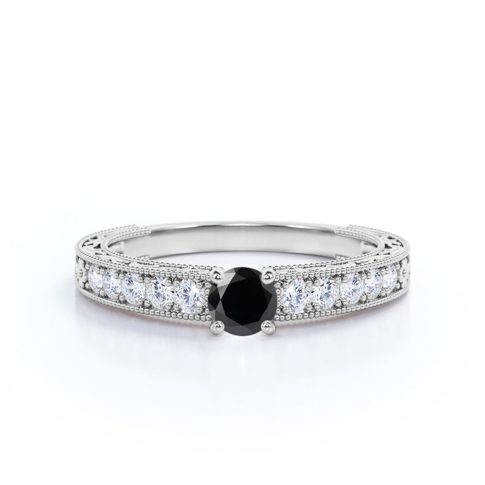 0.6 Carat Round Cut Lab Grown Black Diamond Antique Engagement Ring In White Gold