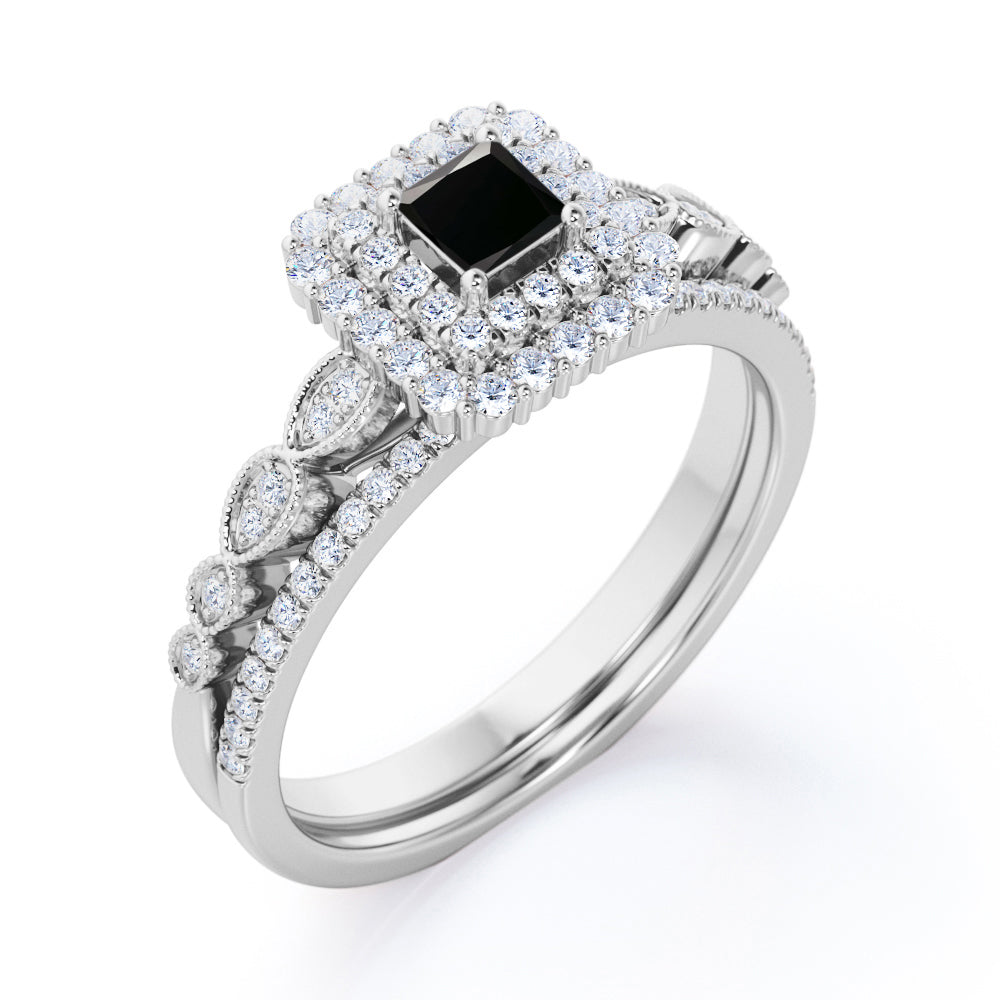 1.8 Carat Princess Cut Lab Grown Black Diamond Double Halo Wedding Ring Set In White Gold