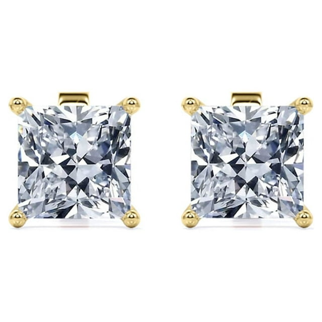 1 Carat Princess Cut Moissanite 4 Prong - Solitaire Stud Earrings - 18K White Gold Plating Over Silver