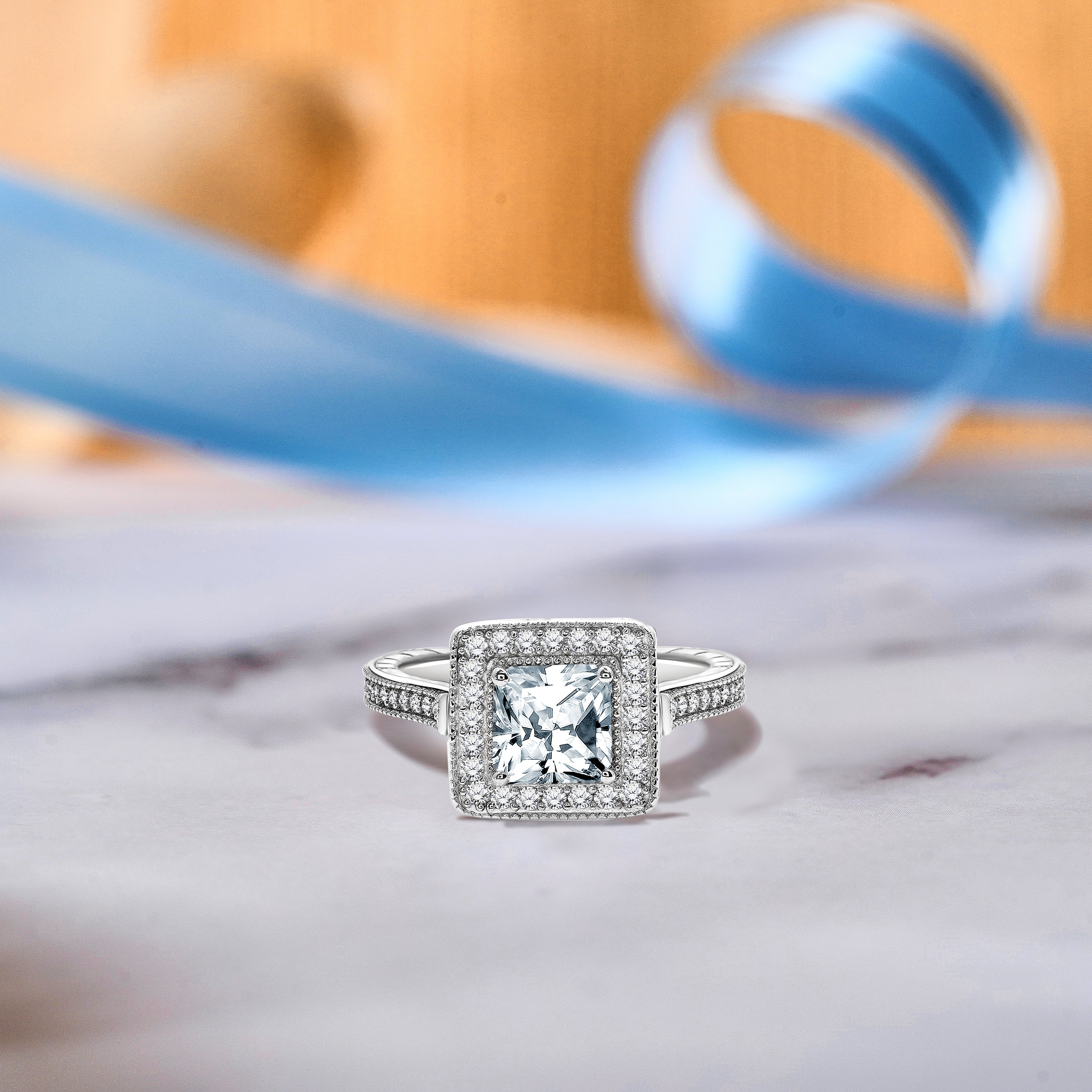 1 Carat Princess Cut Moissanite Engagement Ring - Milgrain Ring - Vintage Ring - Halo Ring - 18K White Gold Over Silver