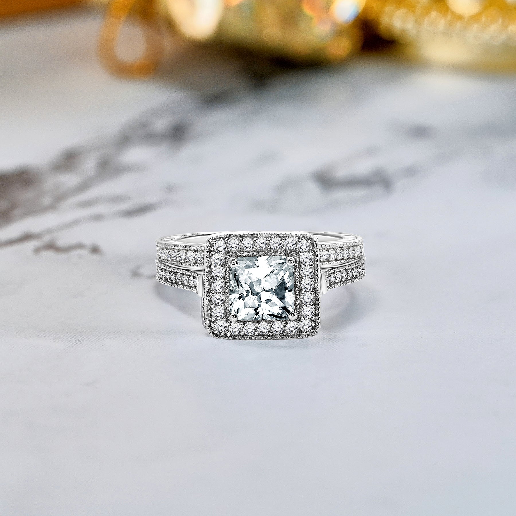 1 carat Princess Cut Moissanite Wedding Set - Bridal Set - Milgrain Ring - Vintage Ring - Halo Ring - 18k White Gold Over Silver