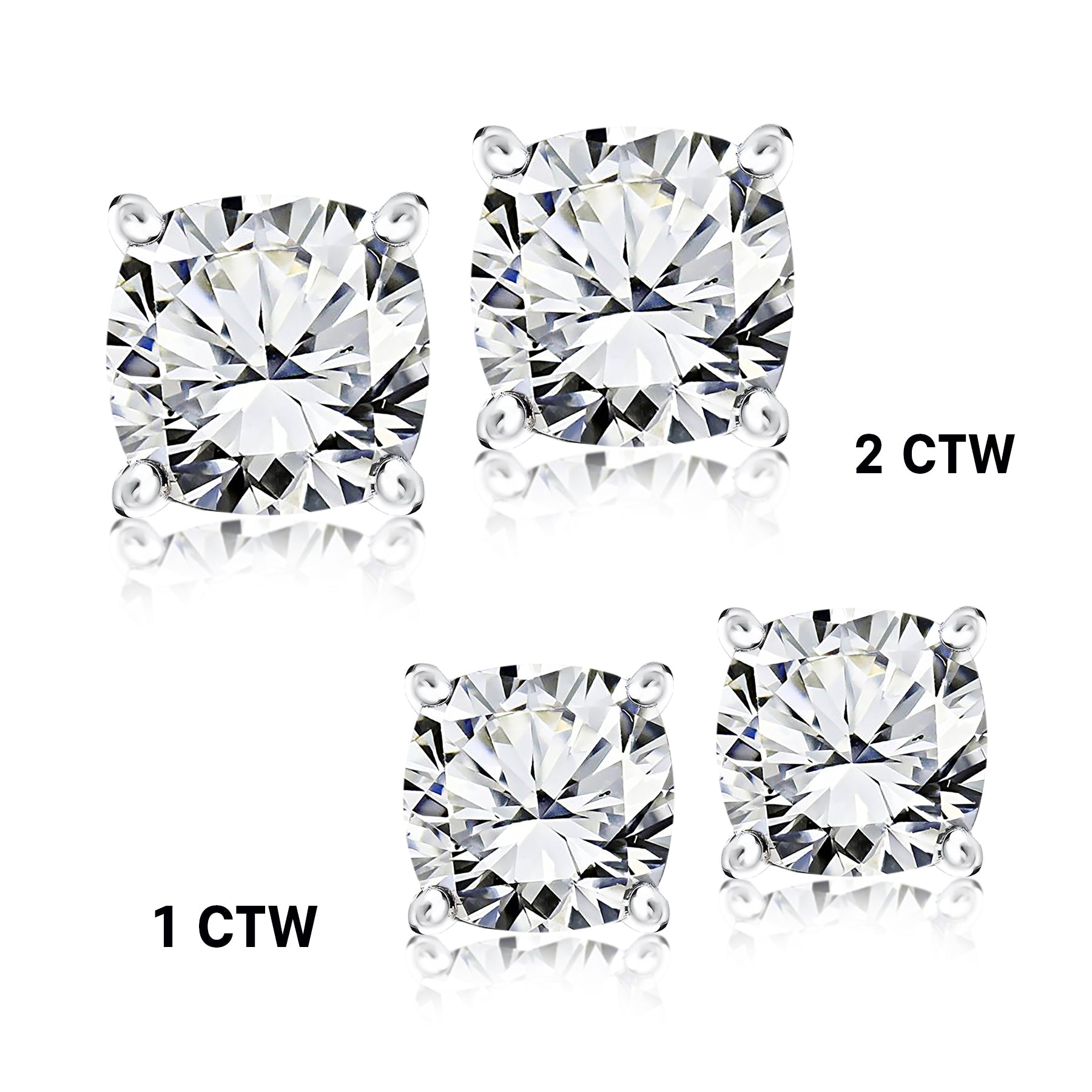 2 Carat Cushion Cut Moissanite  Solitaire Stud Earrings In 18K White Gold Plating Over Silver