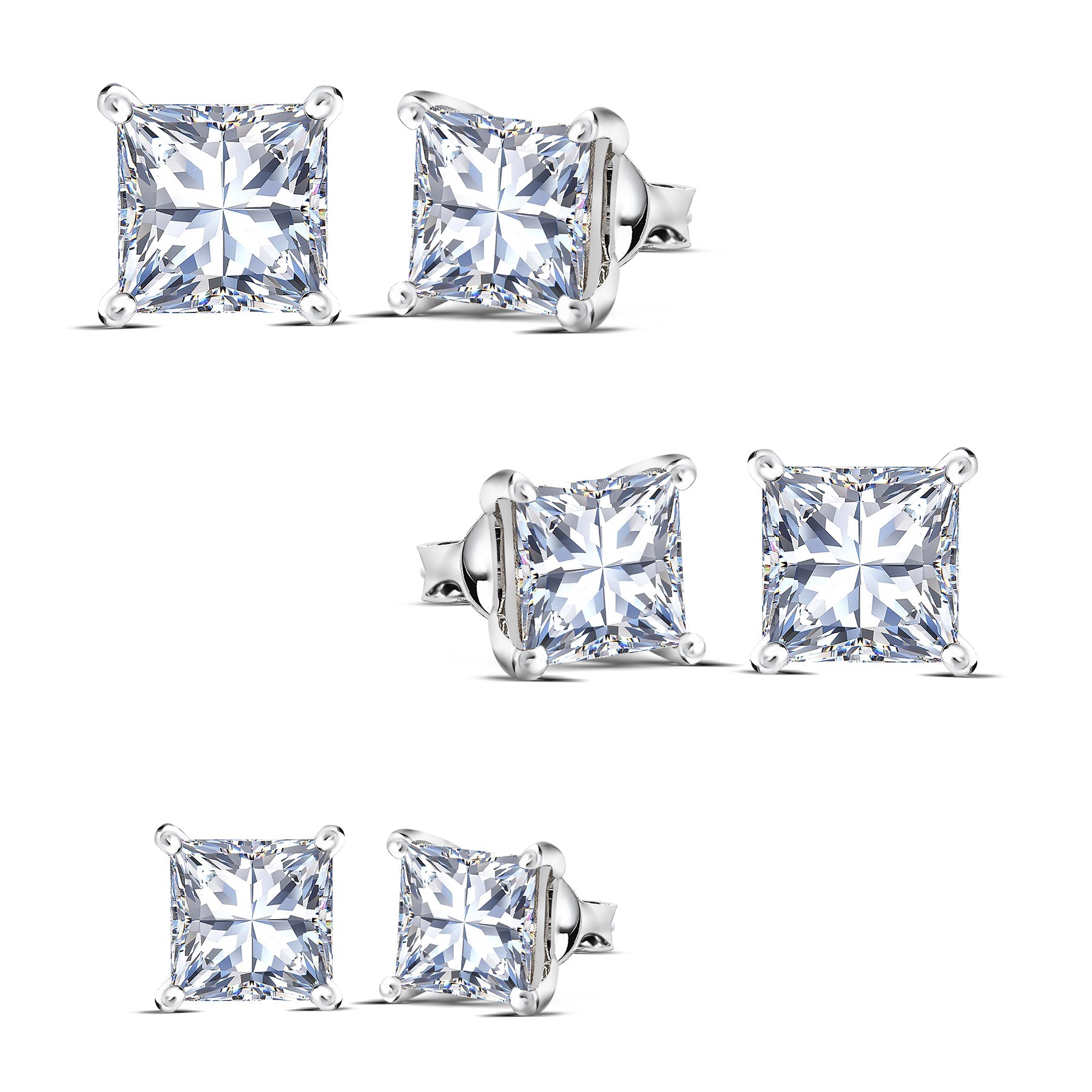 4 Prong - 0.20 Carat Princess Cut Diamond - Solitaire Stud Earrings - 18K White Gold Plating Over Silver