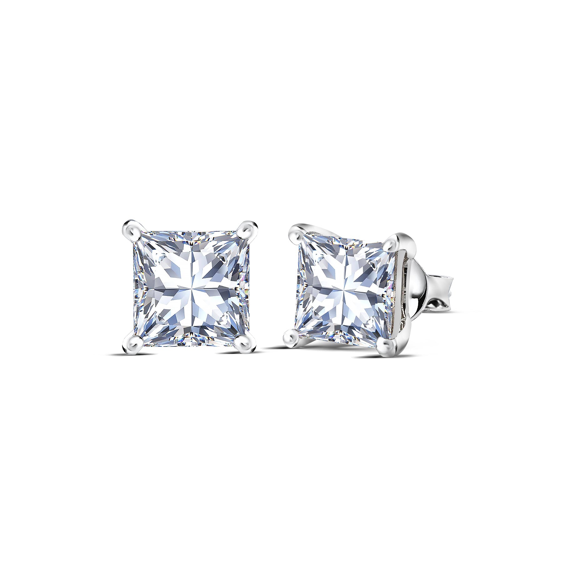 4 Prong - 0.20 Carat Princess Cut Diamond - Solitaire Stud Earrings - 18K White Gold Plating Over Silver