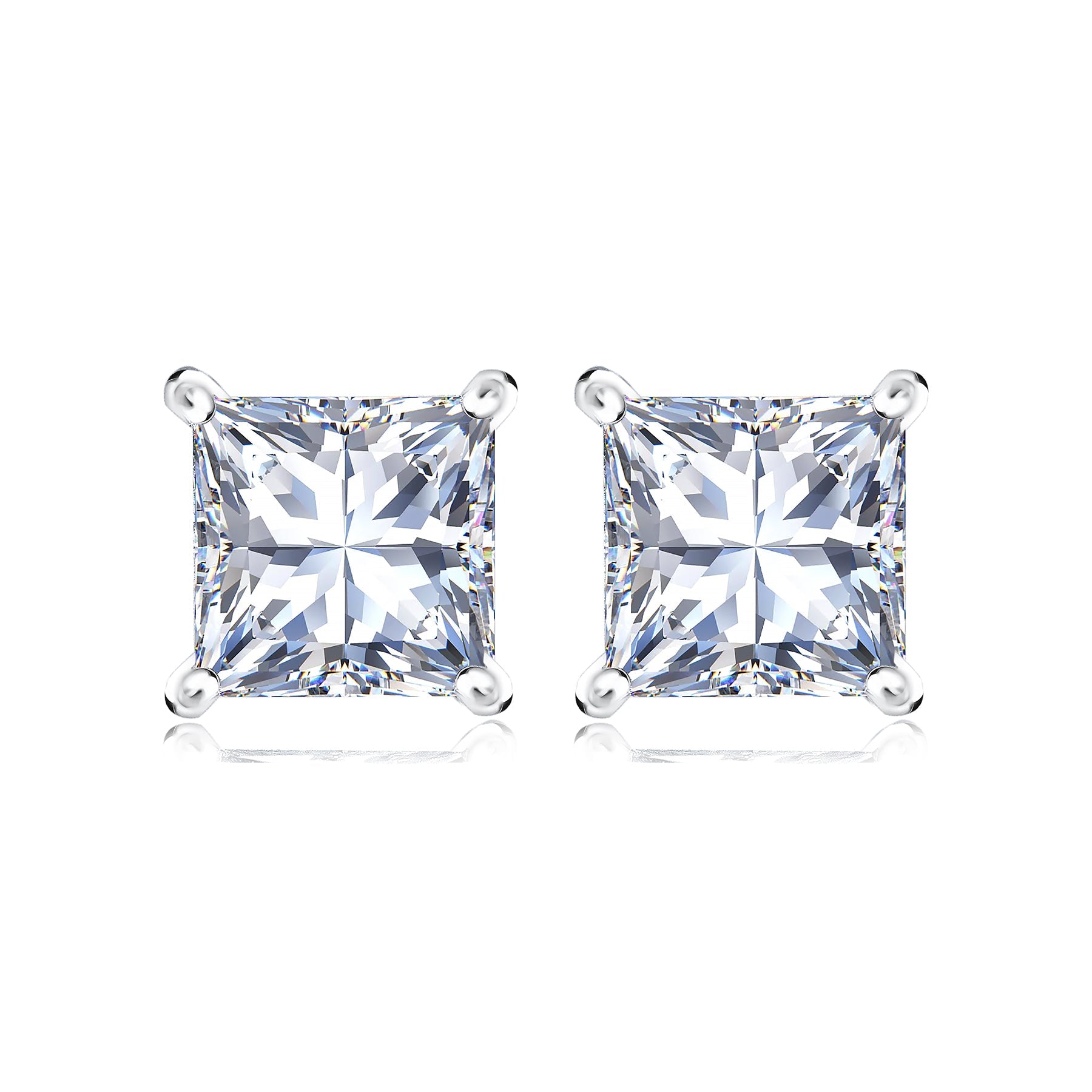 1 Carat Princess Cut Moissanite 4 Prong - Solitaire Stud Earrings - 18K White Gold Plating Over Silver