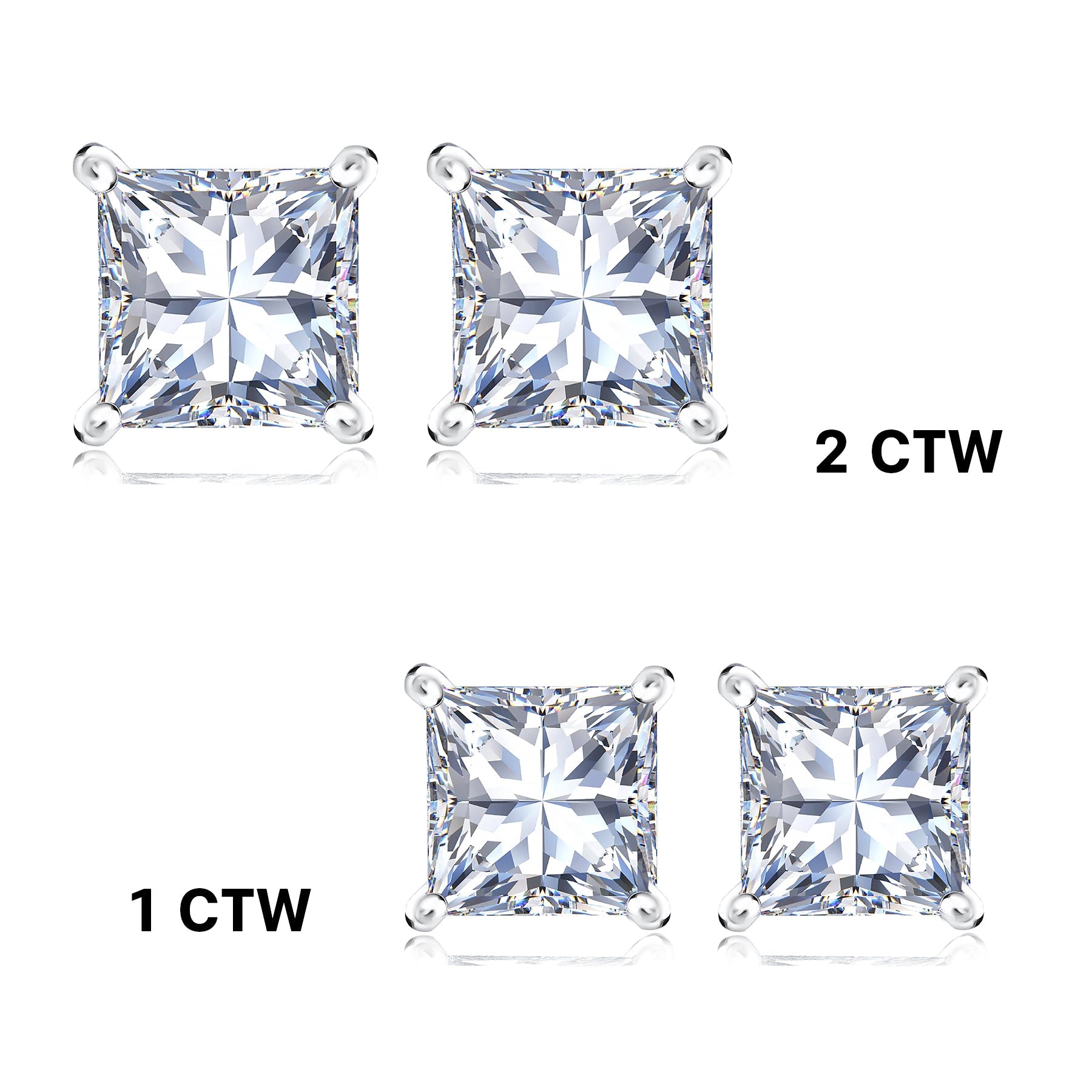 2 Carat Princess Cut Moissanite 4 Prong Solitaire Stud Earrings In 18K White Gold Plating Over Silver