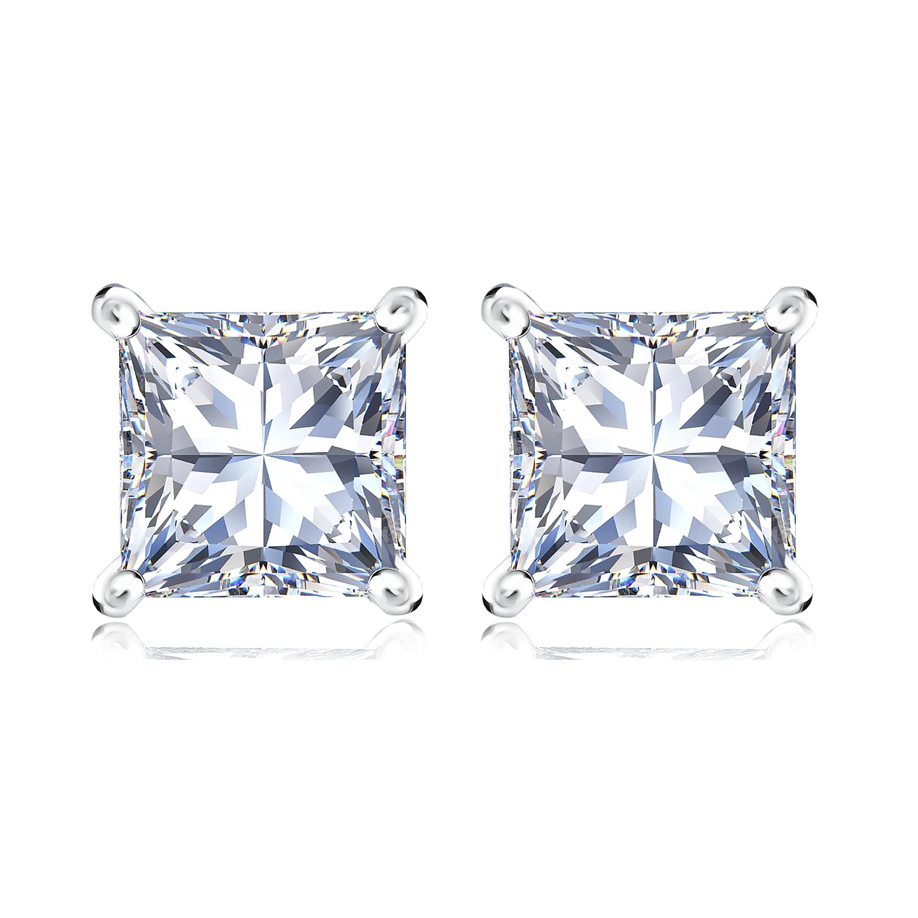 2 Carat Princess Cut Moissanite 4 Prong Solitaire Stud Earrings In 18K White Gold Plating Over Silver