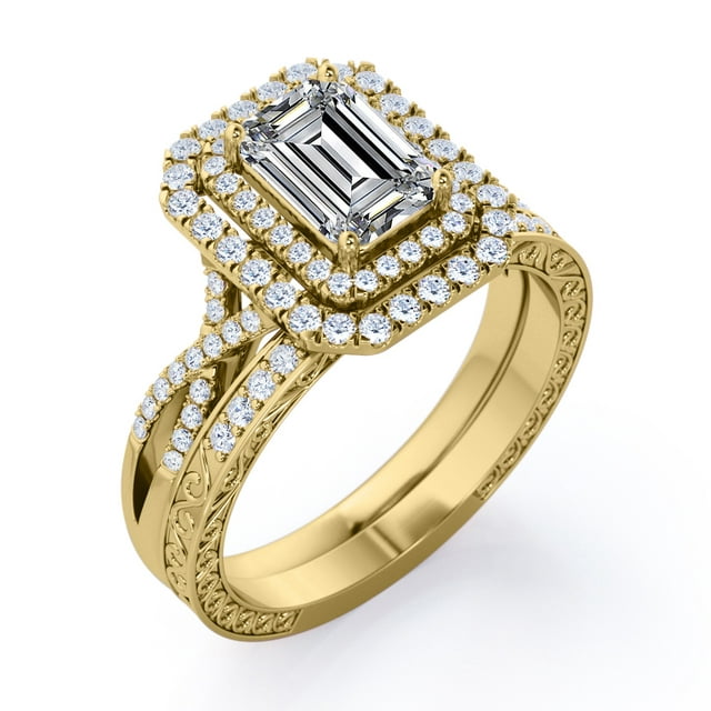 Twisted - 2 Carat Emerald Cut - Filigree Band - Double Halo Design Wedding Ring Set - 18K Black Gold Plating over Silver