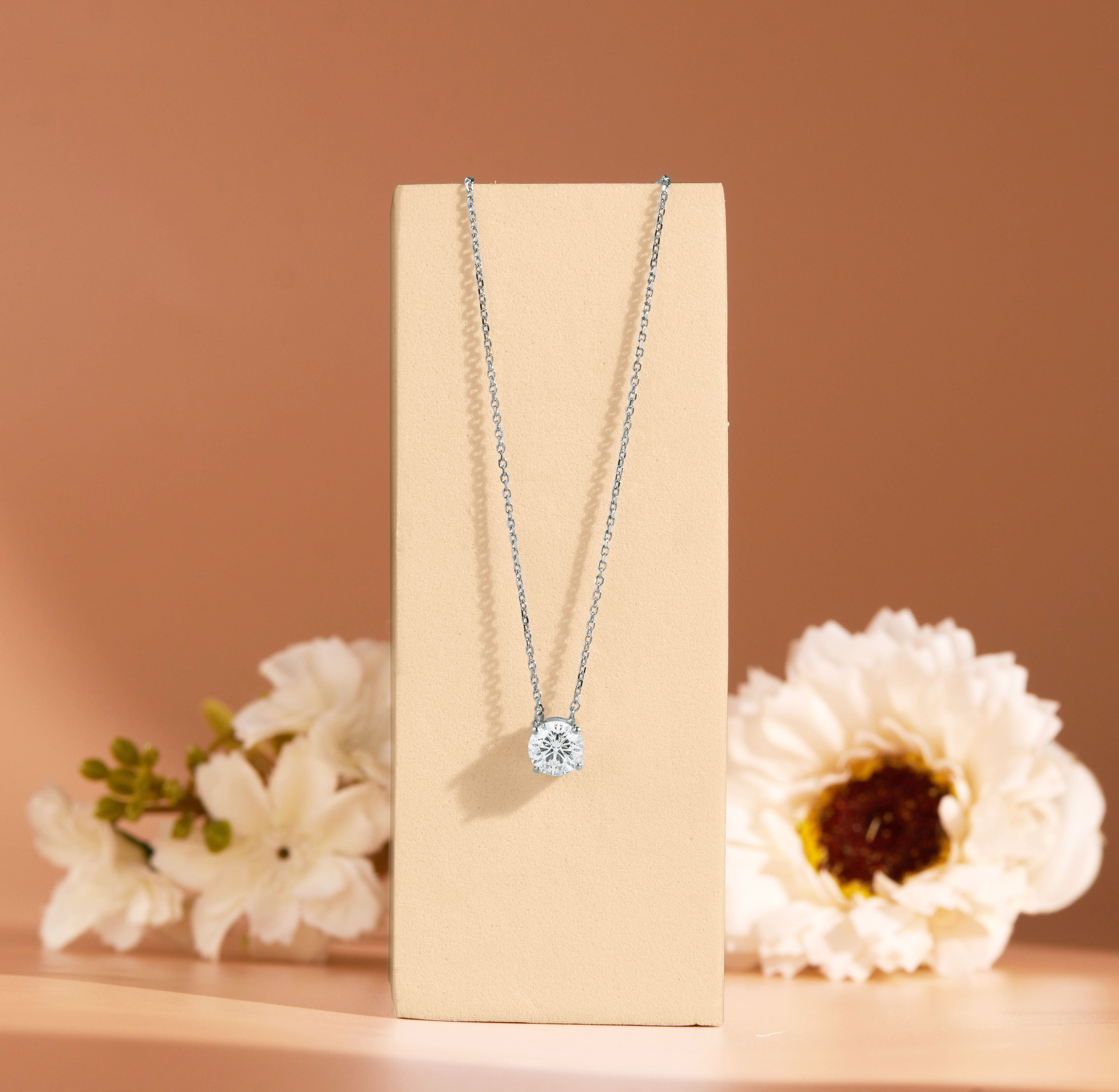 1 Carat Round Cut Real Moissanite Solitaire Pendant Necklace in 18k White Gold Over Silver