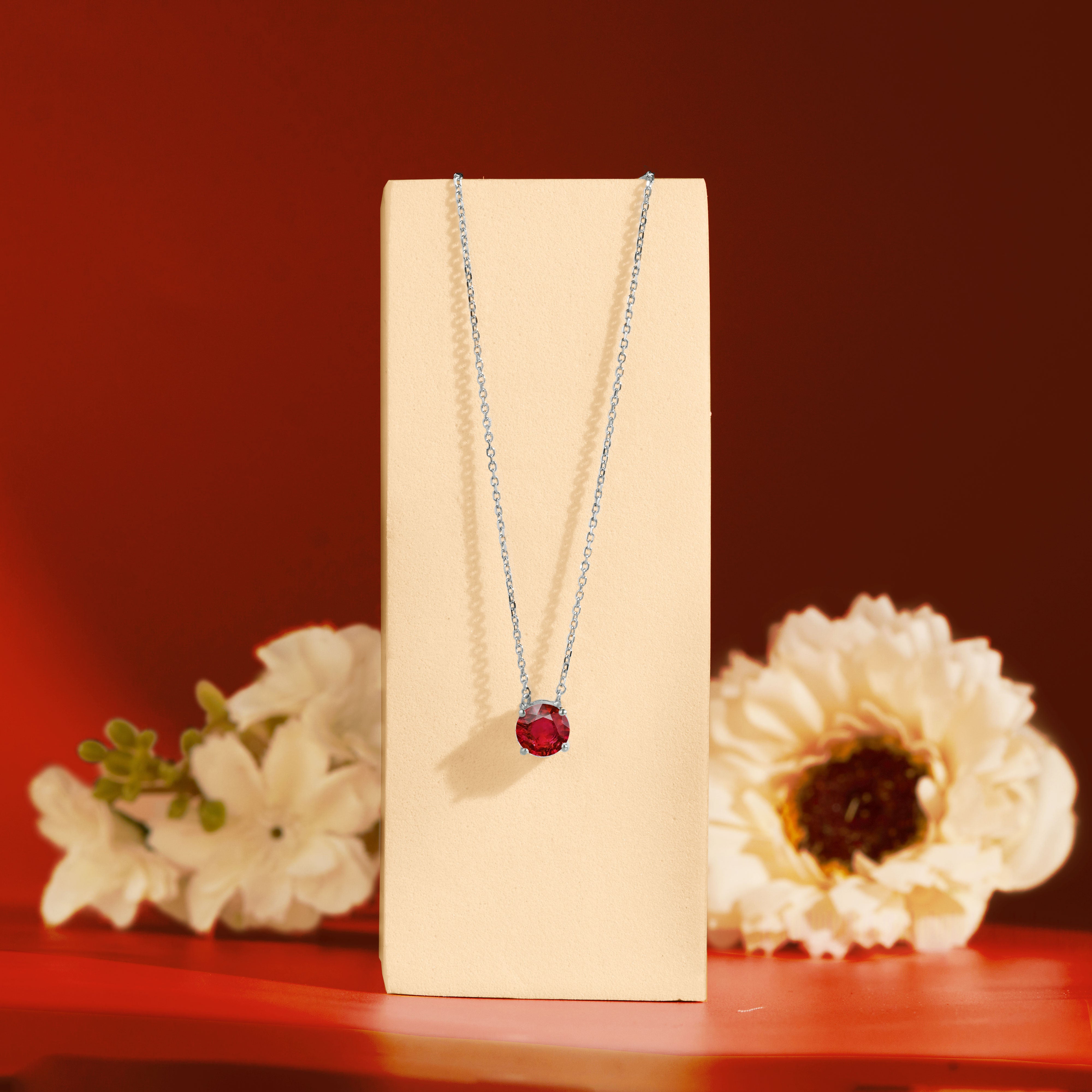 1 Carat Round Cut Lab-Created Ruby Solitaire Pendant Necklace in 18k White Gold Over Silver