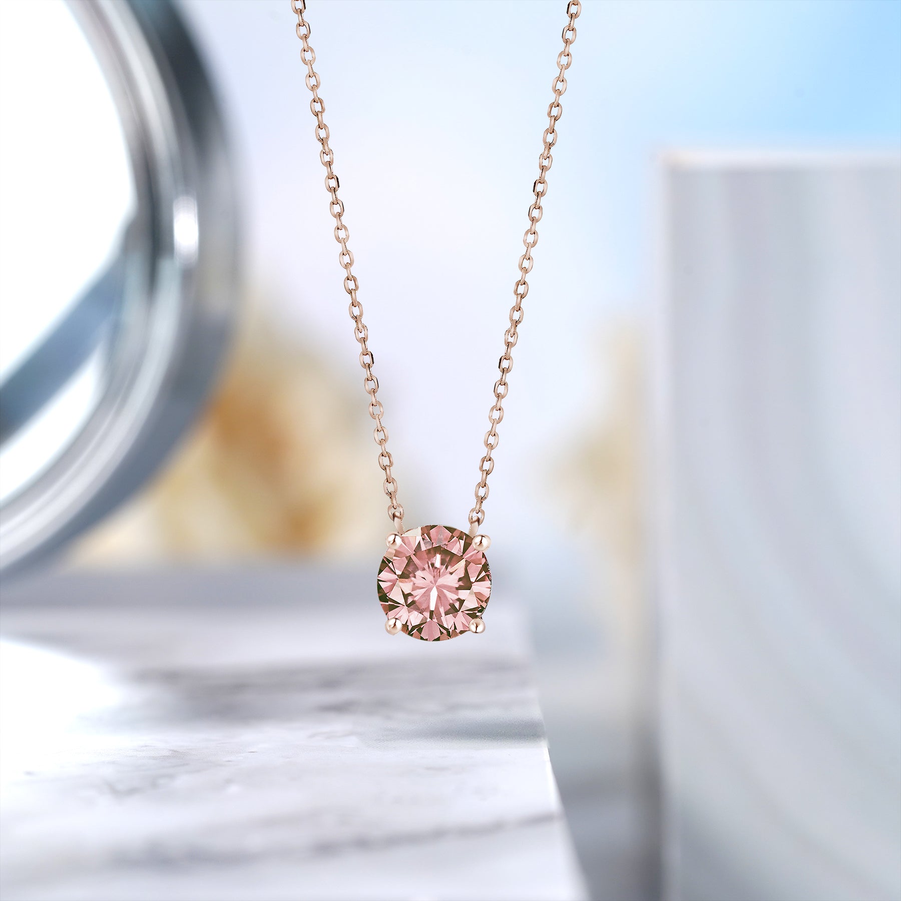 Bestselling 1 Carat Round Cut Real Morganite Solitaire Pendant Necklace in 18k Rose Gold Over Silver