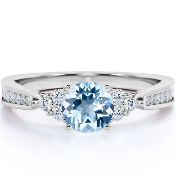 1 carat Round Dark Blue Created Aquamarine Tapered Birthstone Engagement Ring in 18k White Gold over Silver