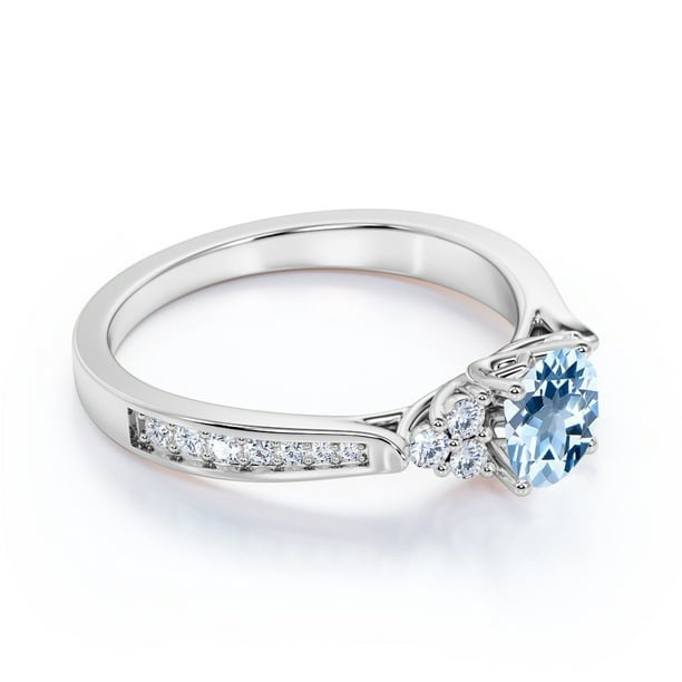 1 carat Round Dark Blue Created Aquamarine Tapered Birthstone Engagement Ring in 18k White Gold over Silver