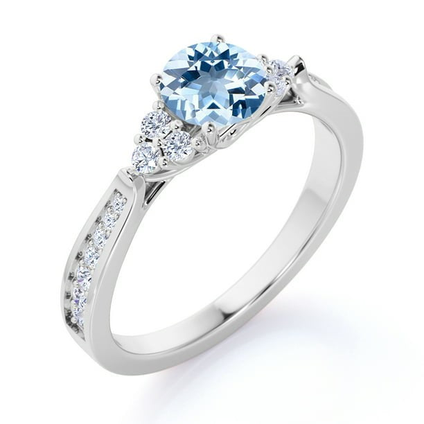 1 carat Round Dark Blue Created Aquamarine Tapered Birthstone Engagement Ring in 18k White Gold over Silver