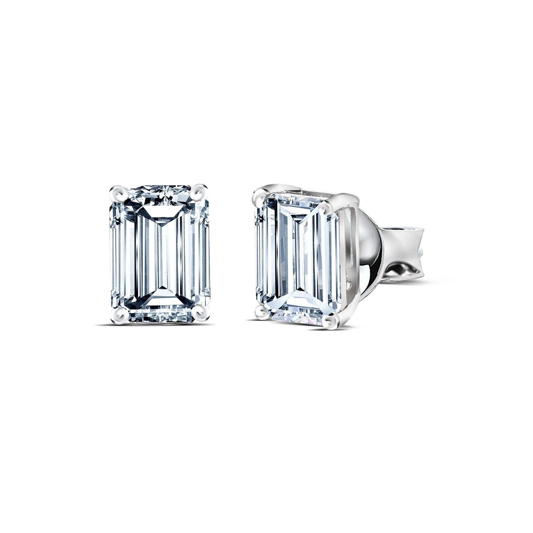 0.20 Carat Emerald Cut Diamond - Minimalist Solitaire Stud Earrings - 18K White Gold Plating Over Silver