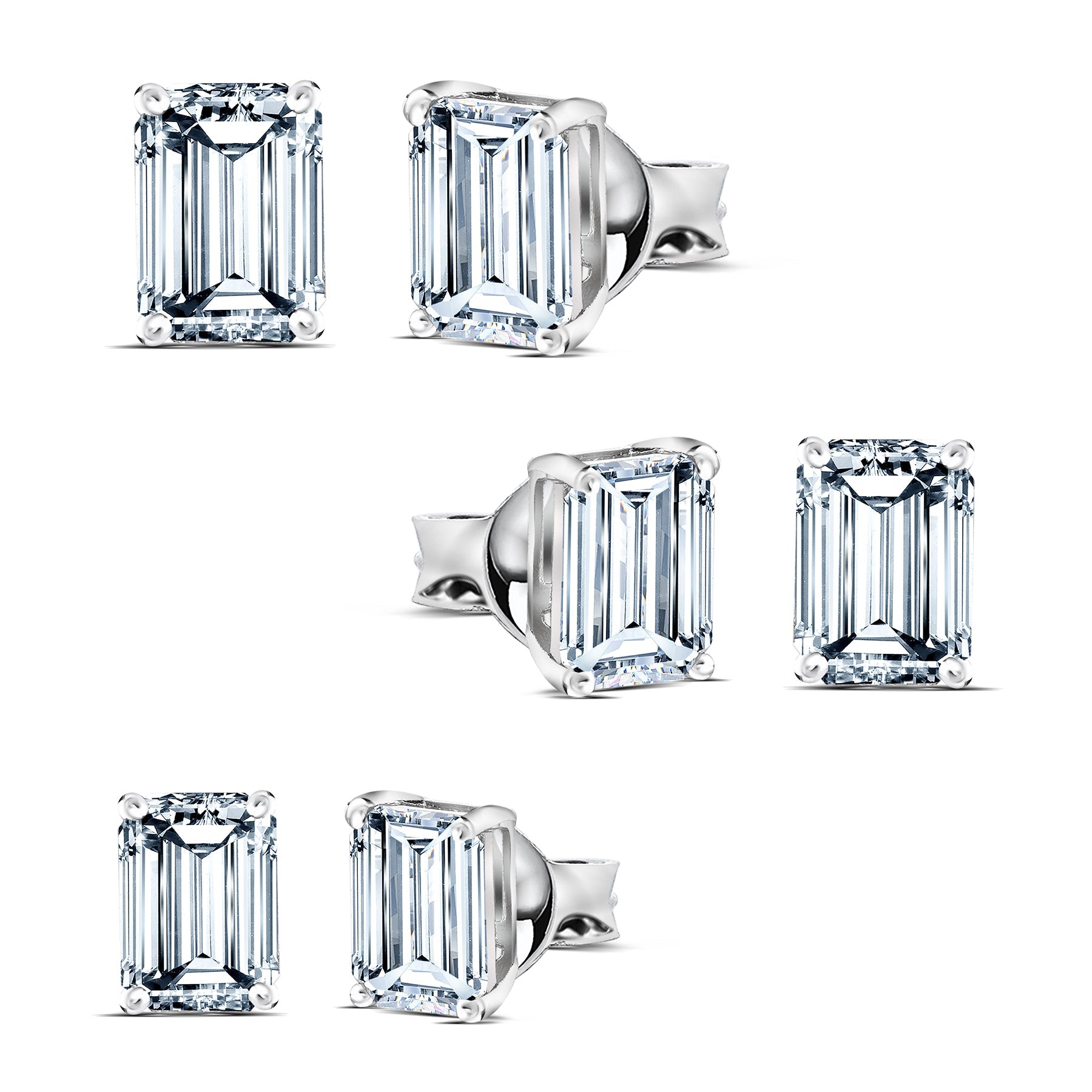 0.20 Carat Emerald Cut Diamond - Minimalist Solitaire Stud Earrings - 18K White Gold Plating Over Silver