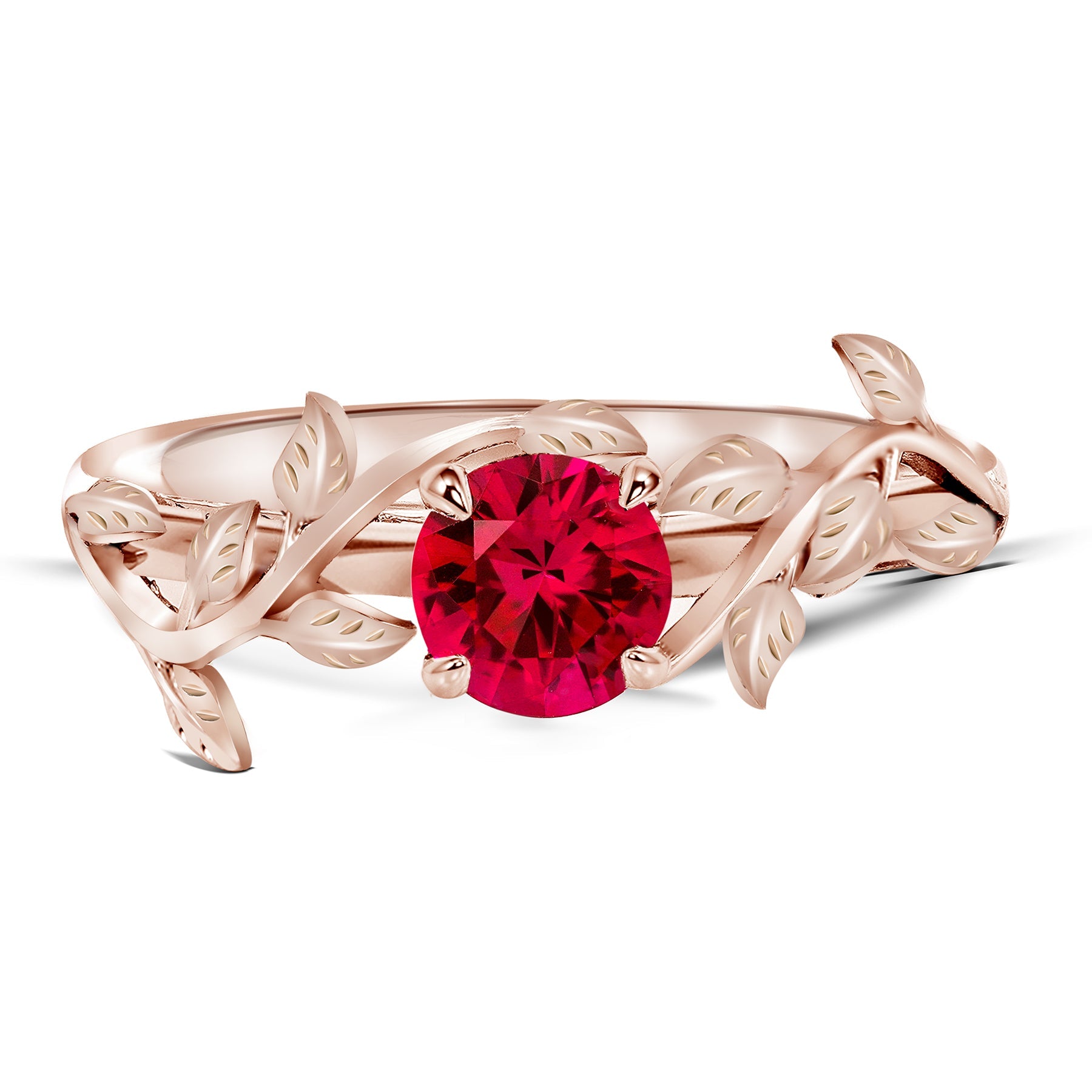 Nature Inspired 1 carat Round cut Lab-Created Ruby Solitaire Engagement ring in Rose Gold