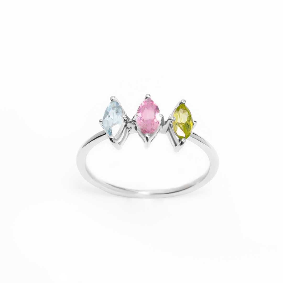 Trilogy Marquise Cut Custom Multi Birthstone  Prong Engagement ring in 18k white gold over silver