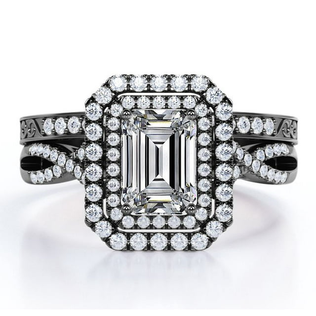 Twisted - 2 Carat Emerald Cut - Filigree Band - Double Halo Design Wedding Ring Set - 18K Black Gold Plating over Silver