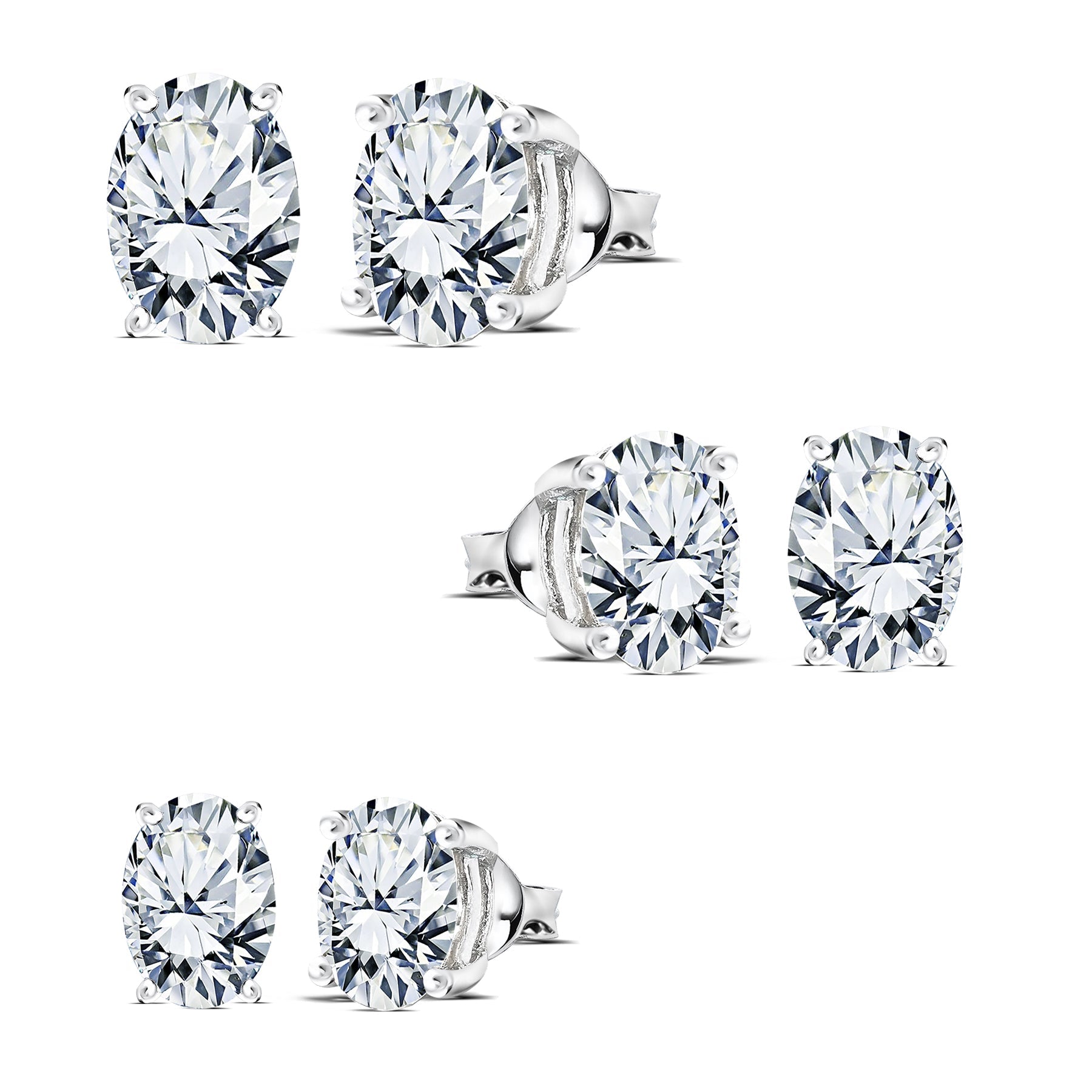 0.20 Carat Ovate Diamond - 4 Prong Solitaire Stud Earrings - 18K White Gold Plating Over Silver