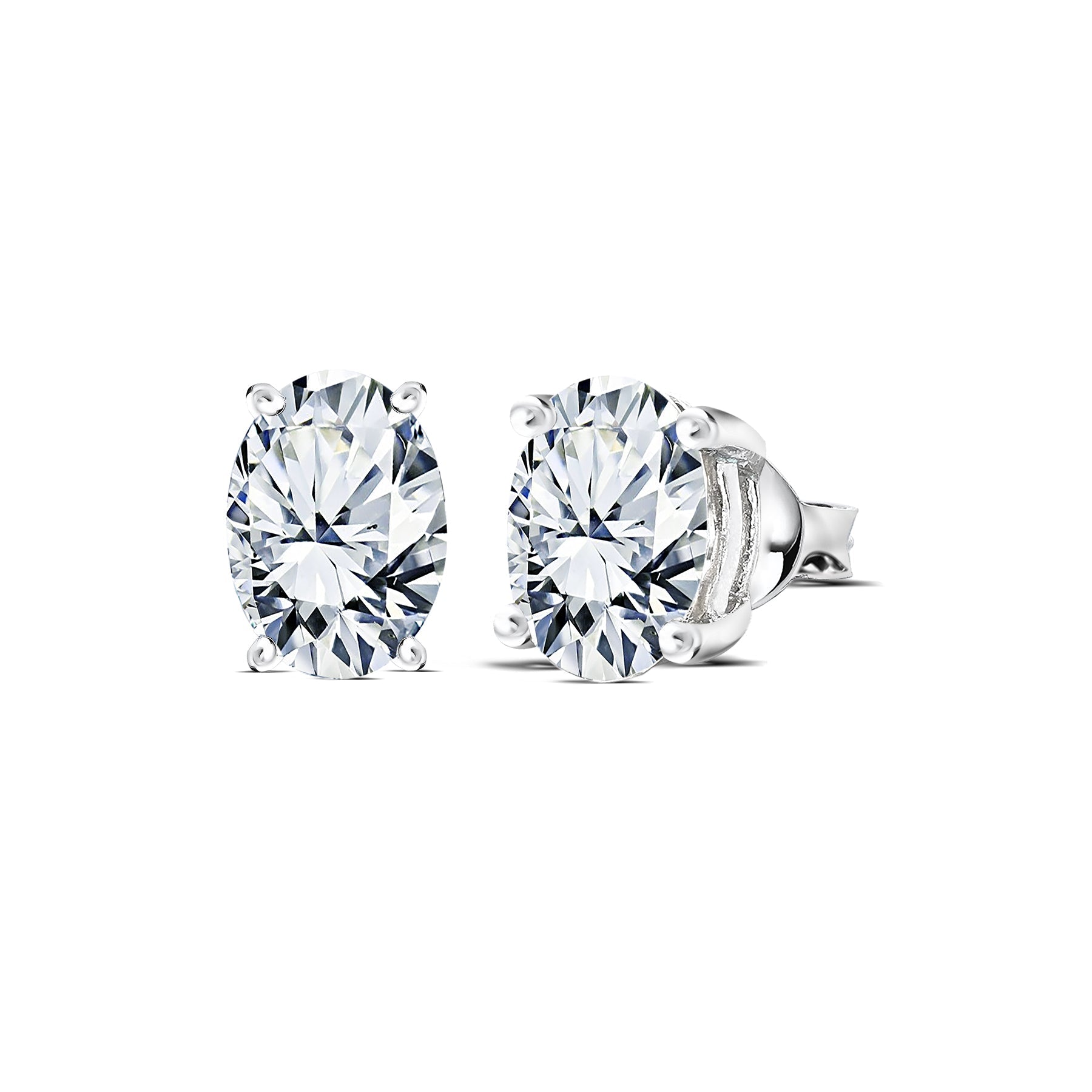 0.20 Carat Ovate Diamond - 4 Prong Solitaire Stud Earrings - 18K White Gold Plating Over Silver