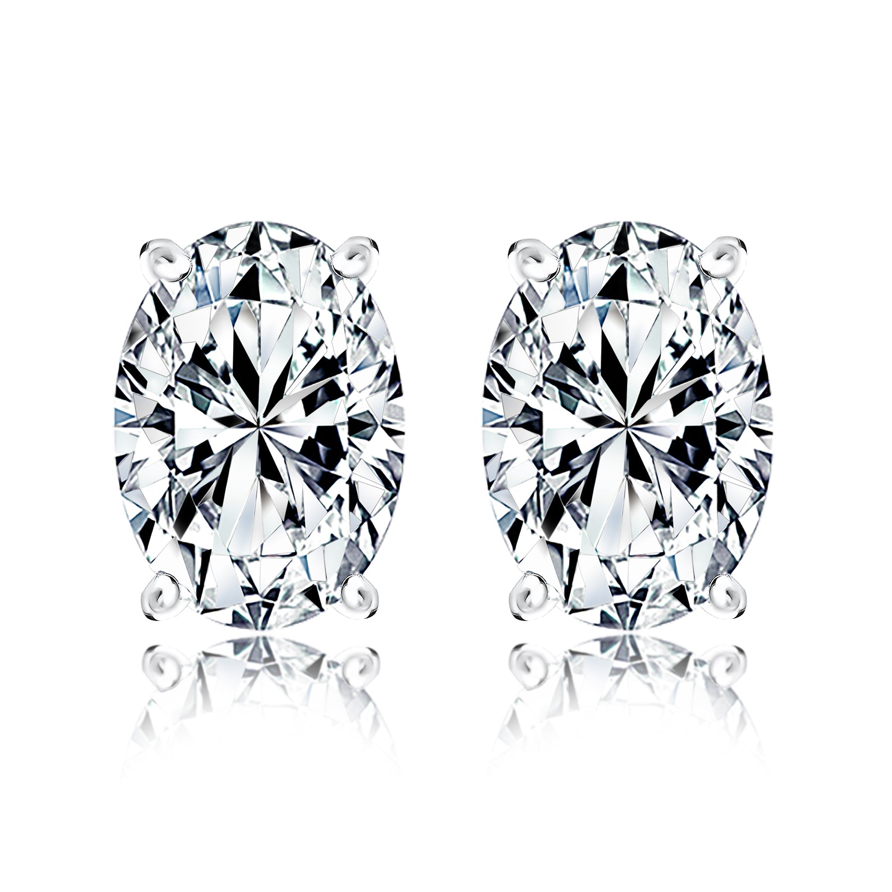 2 Carat Oval Cut Moissanite Solitaire Stud Earrings - 4 Prong - In 18K White Gold Plating Over Silver