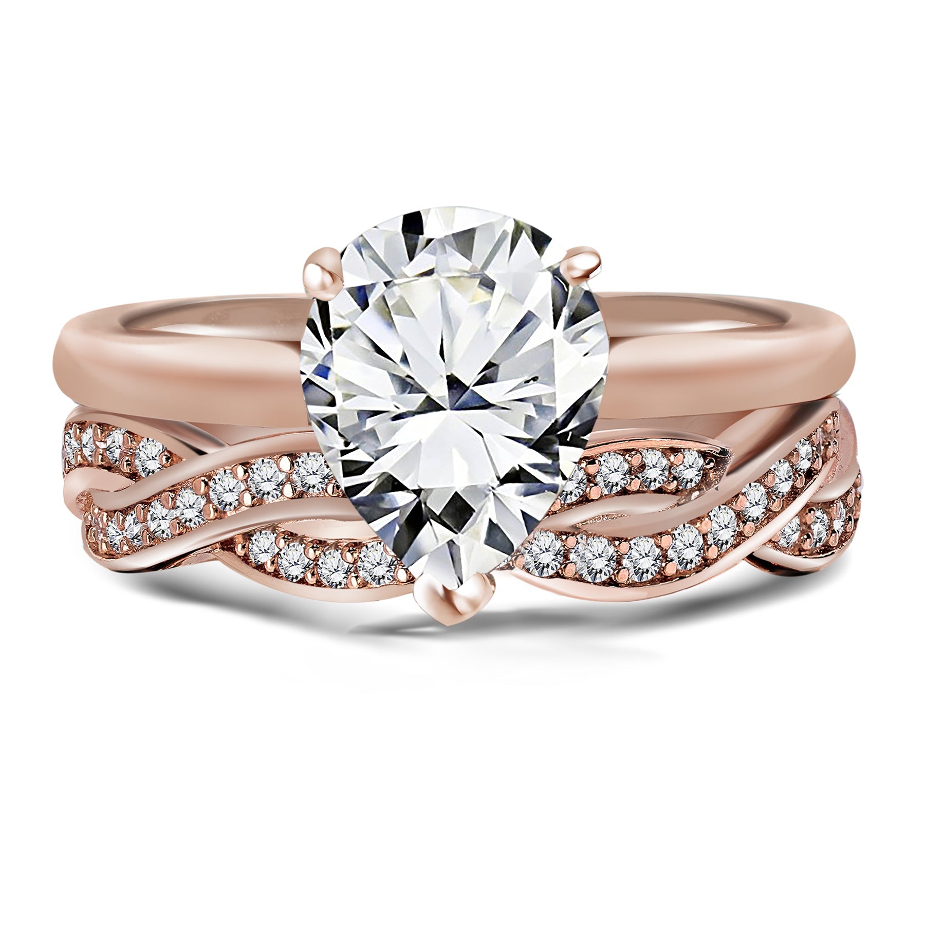 Unique 1.8 Carat Pear Shaped Moissanite Bridal Set - Infinity Wedding Band - in 18K Rose Gold over Silver