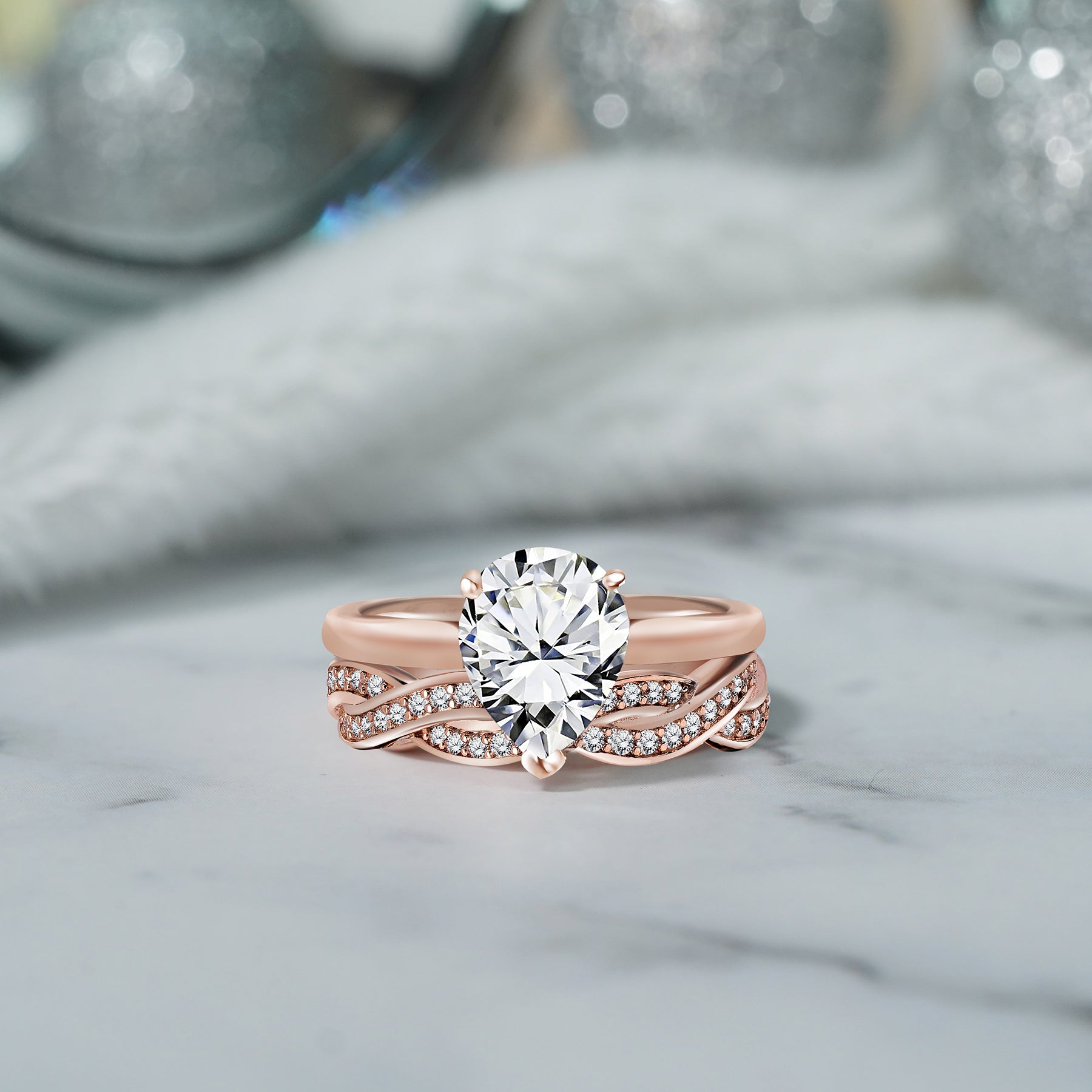 Unique 1.8 Carat Pear Shaped Moissanite Bridal Set - Infinity Wedding Band - in 18K Rose Gold over Silver