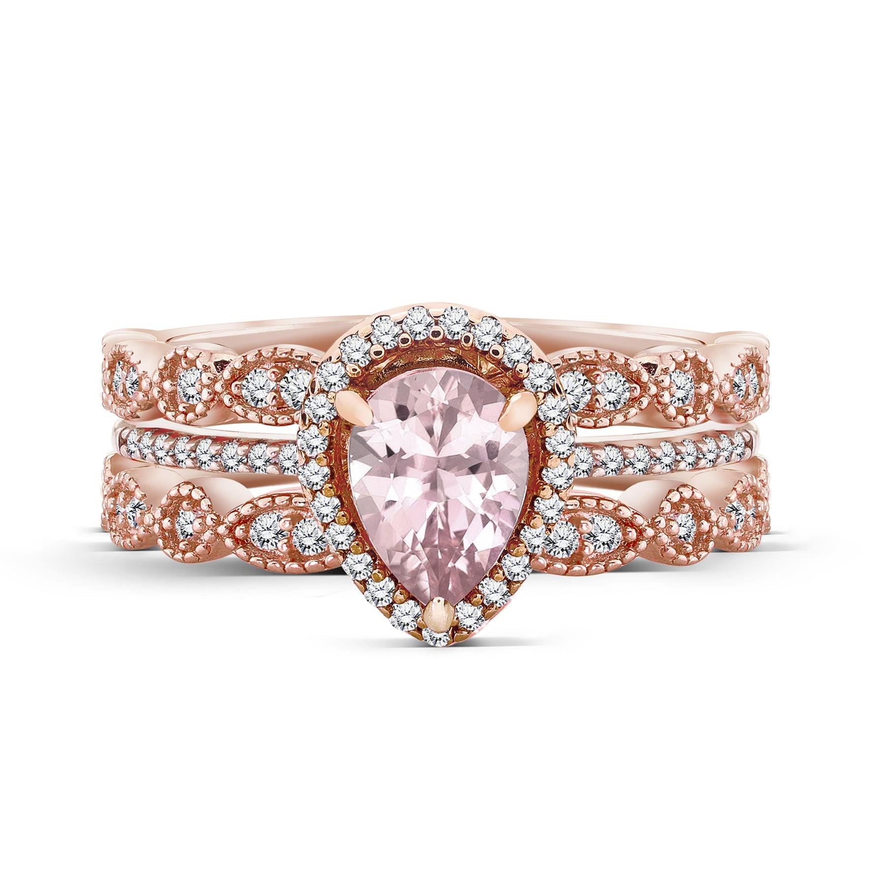 1.25 Carat Pear Cut created Morganite and Moissanite Trio Wedding Ring Set in 18k Rose Gold over Silver