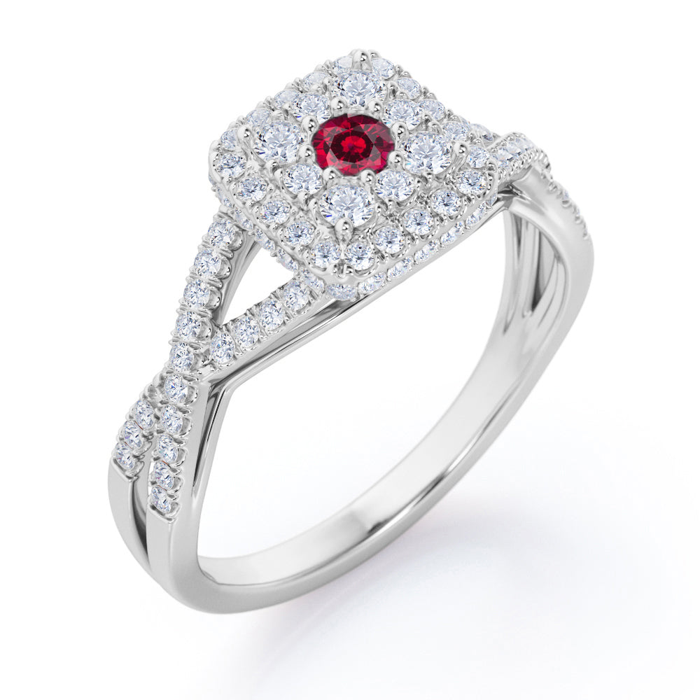 Pave Crossover - 1.25 Carat Round Cut Ruby - Flush Cluster Halo Engagement Ring in White Gold