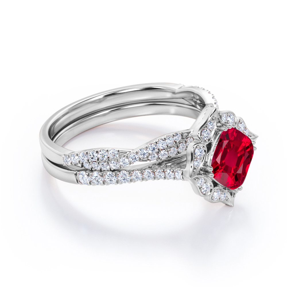 Sparkling Pave Halo 1.50 Carat Cushion Cut Lab-Created Ruby and Diamond Bridal Set with Infinity Band in White Gold