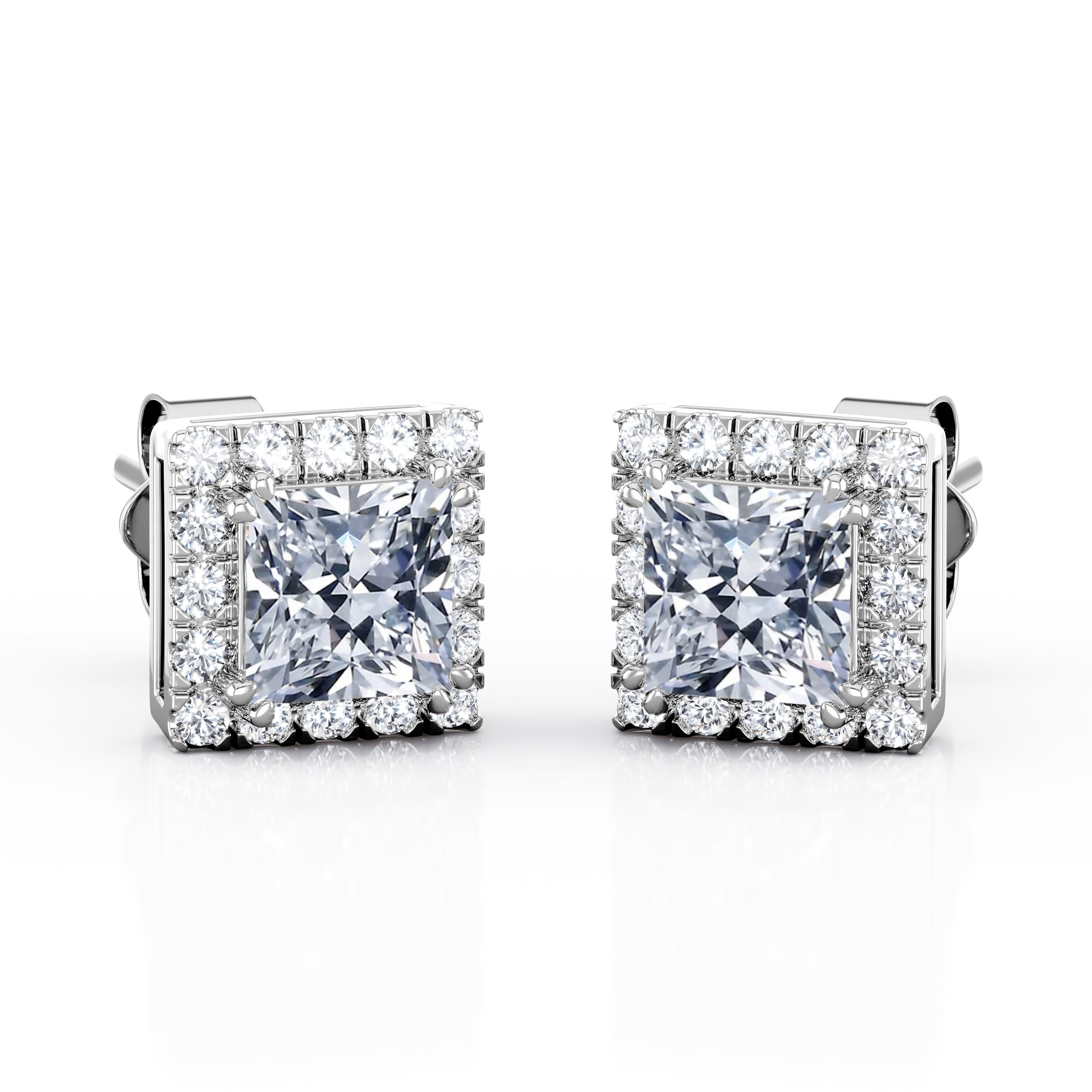 2.5 Carat Princess Cut Cubic Zirconia Halo Stud Earrings in 18K White Gold over Brass