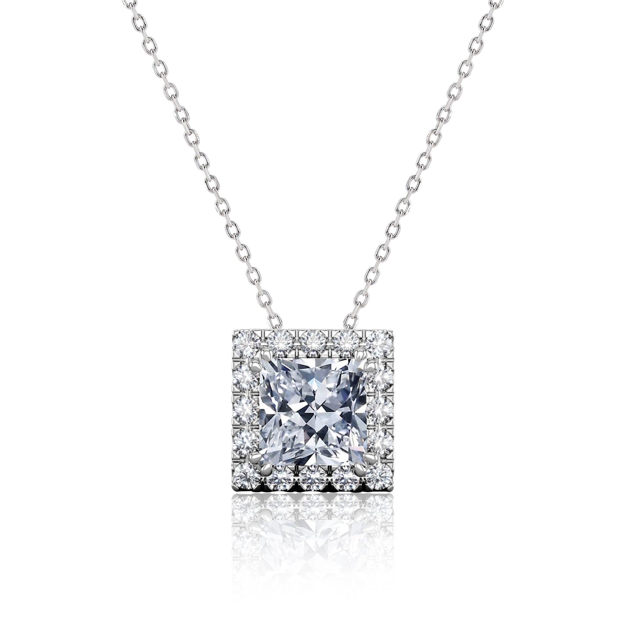 3 Carat Princess Cut Cubic Zirconia Halo Pendant Necklace in 18K White Gold over Brass