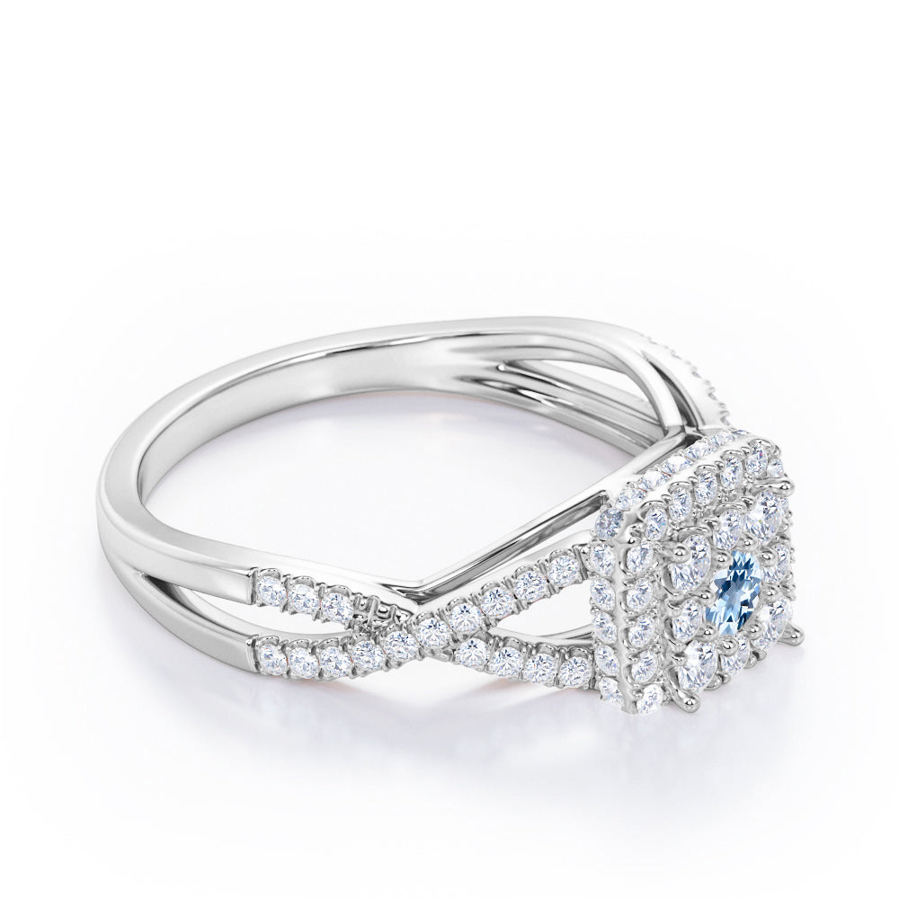 Pave Crossover - 1.25 Carat Round Cut Aquamarine - Flush Cluster Halo Engagement Ring in White Gold