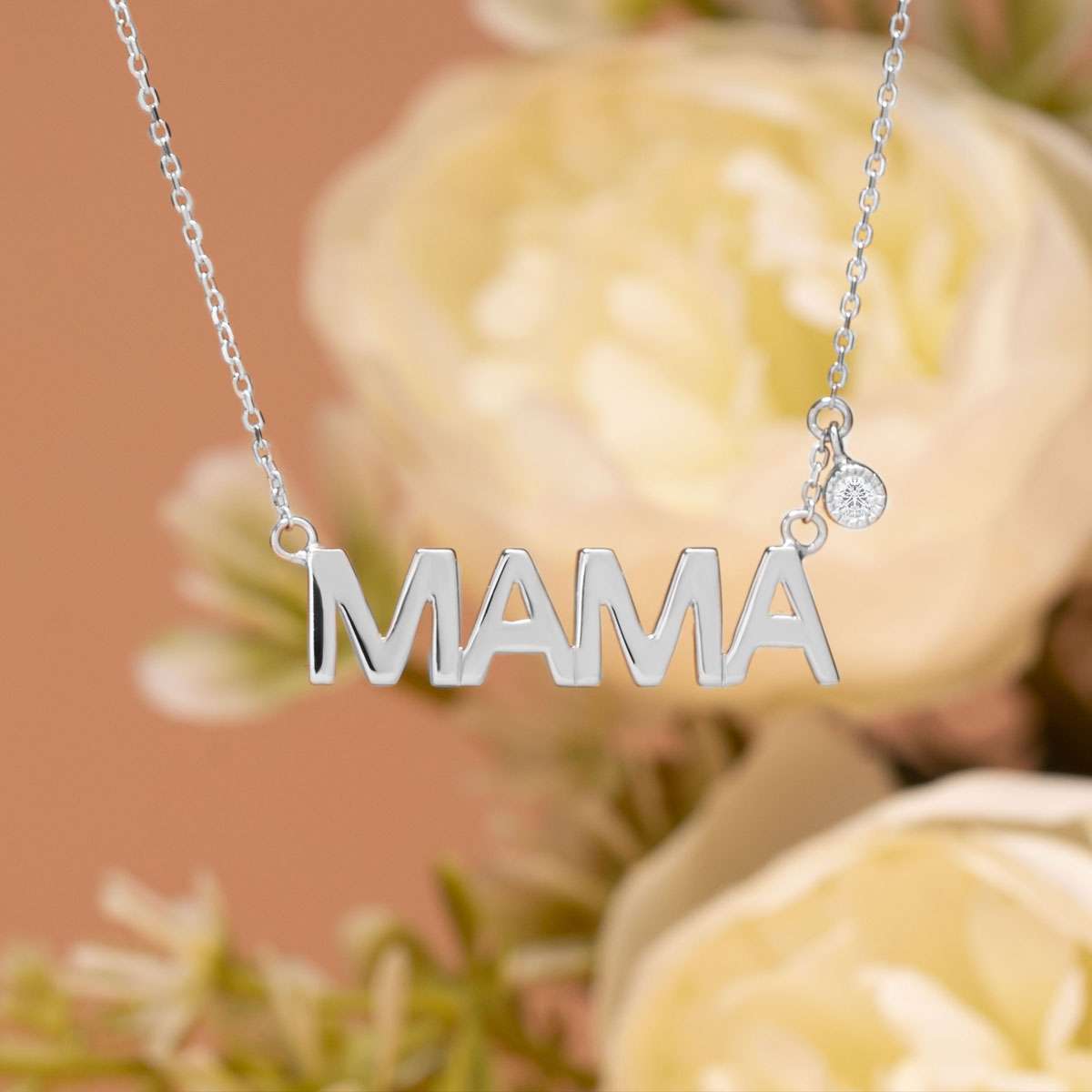 MAMA Diamond Pendant Necklace in 18K White Gold over Silver