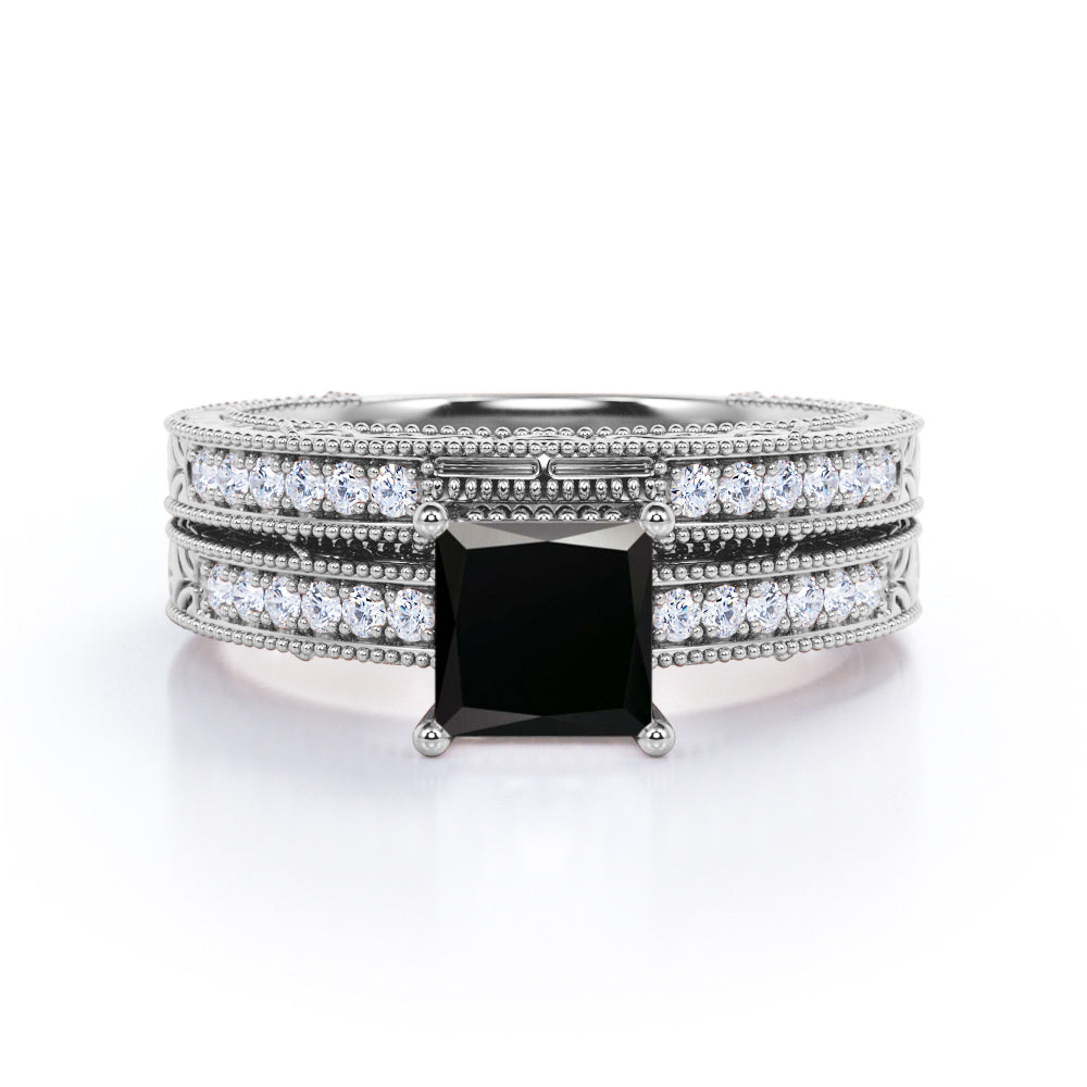 1.50 carat princess cut Black Diamond vintage milgrain bridal set ring in white gold