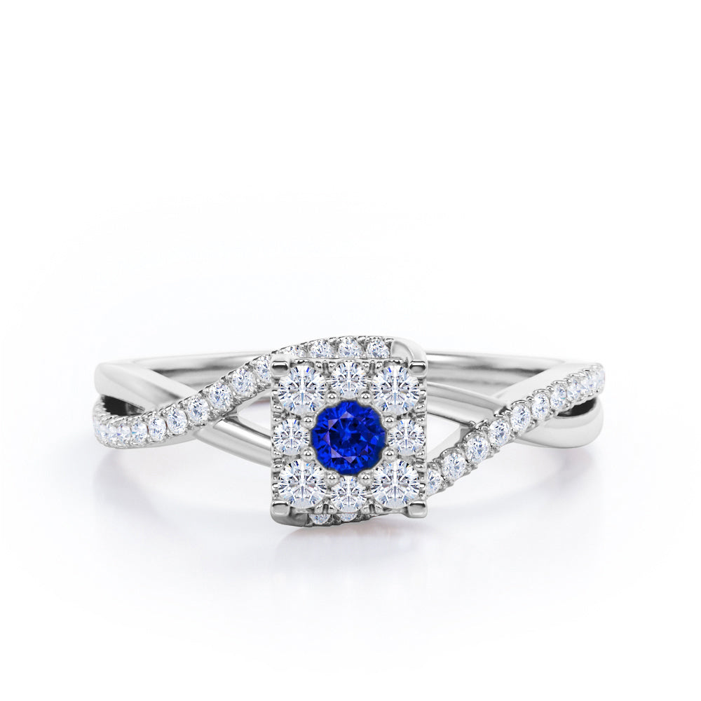 Semi Twisted Infinity 0.9 Carat Round Shape Blue Sapphire and diamond Square Floral Cluster in White Gold