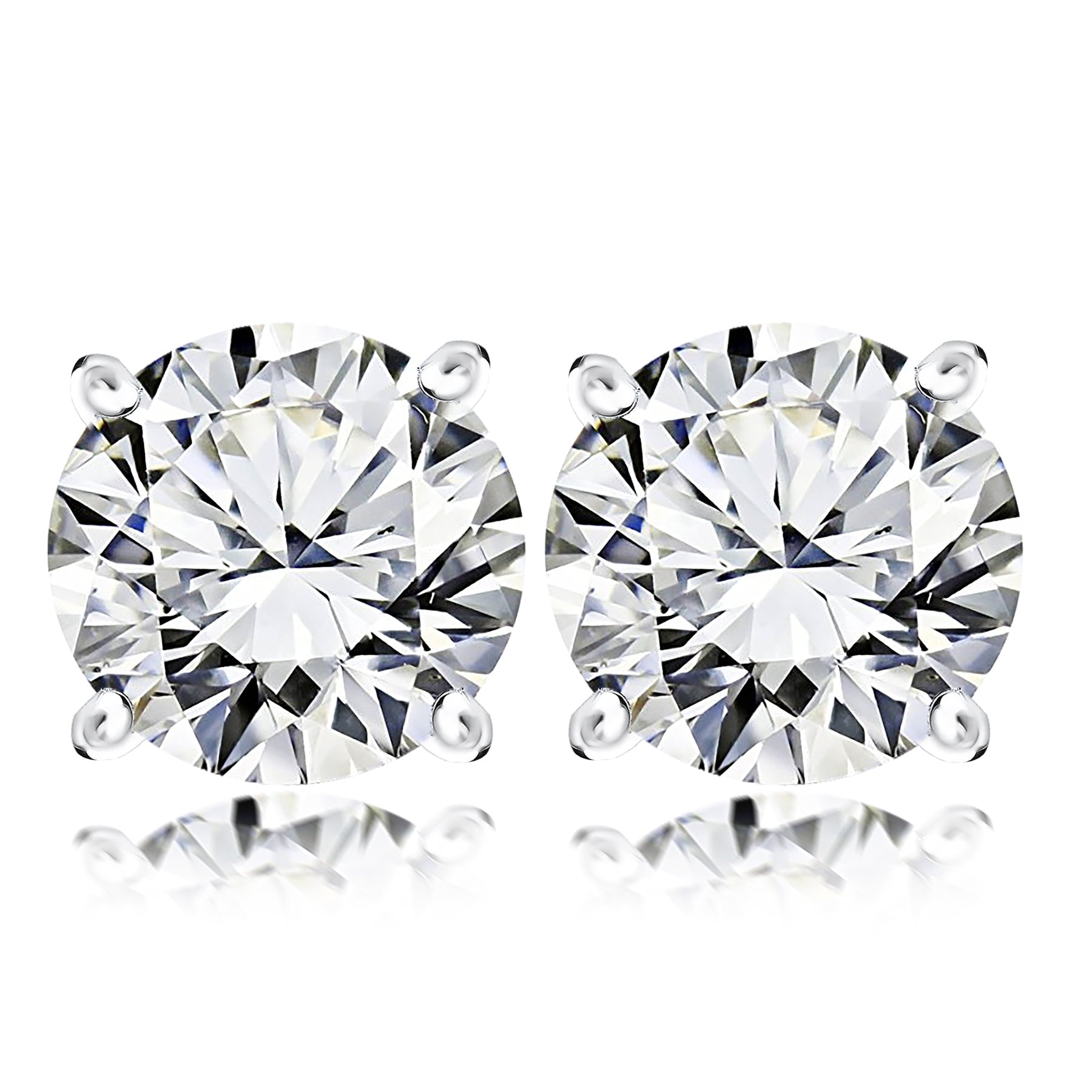 2 Carat Round Shaped Moissanite Solitaire Stud Earrings - 4 Prong - In 18K White Gold Plating Over Silver