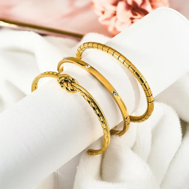 Minimalistic 3 Pcs Assorted Bangle Bracelets, Yellow Gold Plated Stackable Bracelets for Women, Knotted Bangle Bracelet