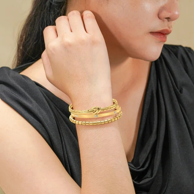 Minimalistic 3 Pcs Assorted Bangle Bracelets, Yellow Gold Plated Stackable Bracelets for Women, Knotted Bangle Bracelet