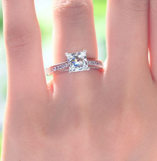 1.75 Carat Princess Cut Moissanite Engagement Ring - Bridal Set - Pave Ring - Promise Ring - 18k White Gold Over Silver