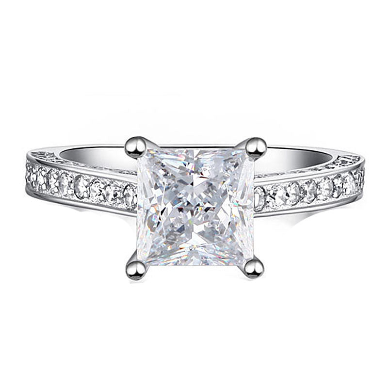 1.75 Carat Princess Cut Moissanite Engagement Ring - Bridal Set - Pave Ring - Promise Ring - 18k White Gold Over Silver