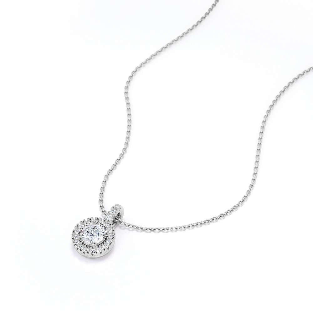 Real Diamond and Moissanite Round Halo Necklace Pendant for Women in 18k White Gold over Silver