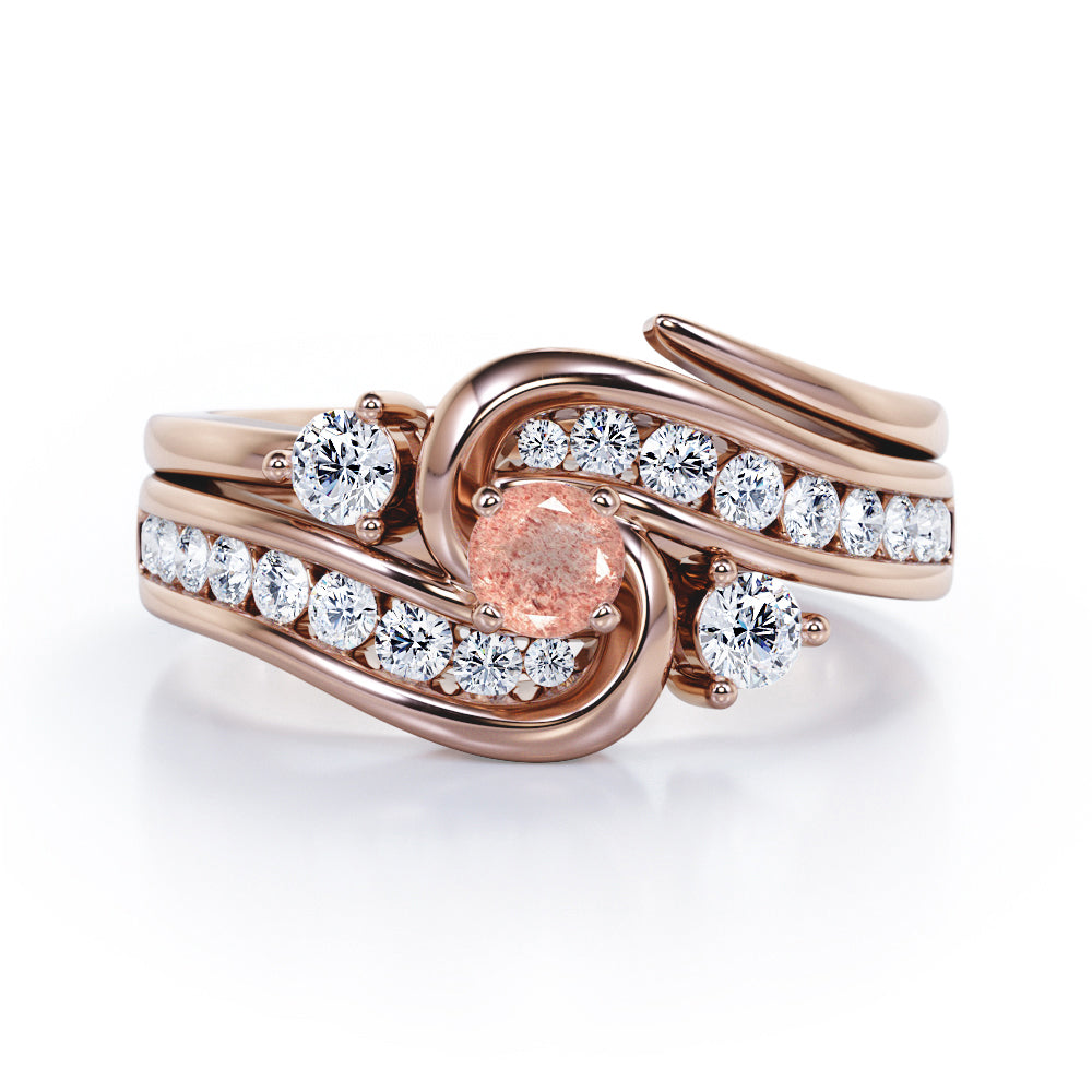 Twisted Tension - Prong 1 TCW Round Brilliant Cut Strawberry Quartz and diamond - Flush Channel Wedding Set in Rose Gold